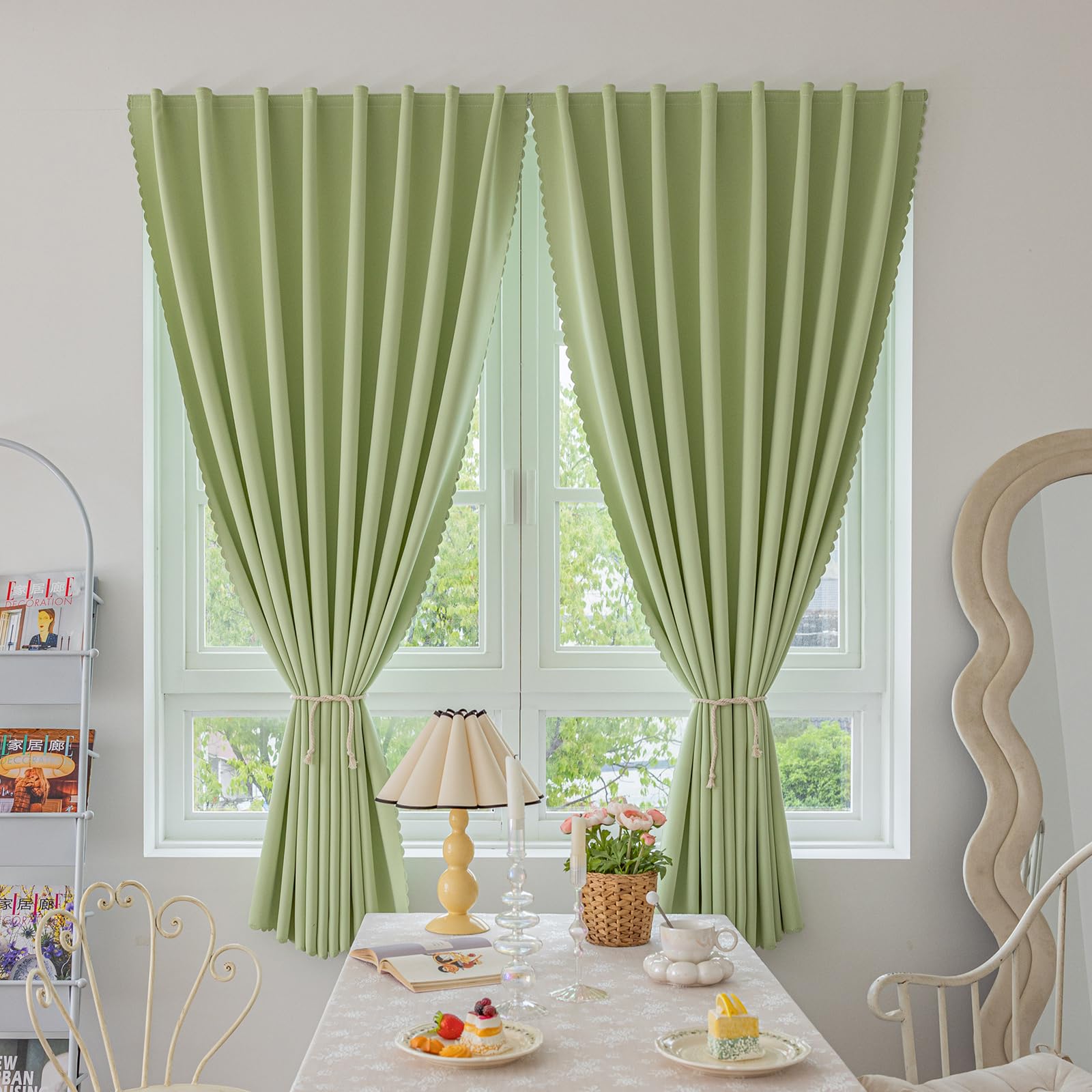 Jilron Magic Tape Stick on Curtains Blackout Curtains for Bedroom no Drillng Self Adhesive Curtain no Rod Small Window (Green, 35" W x 59" L) 2 Panels