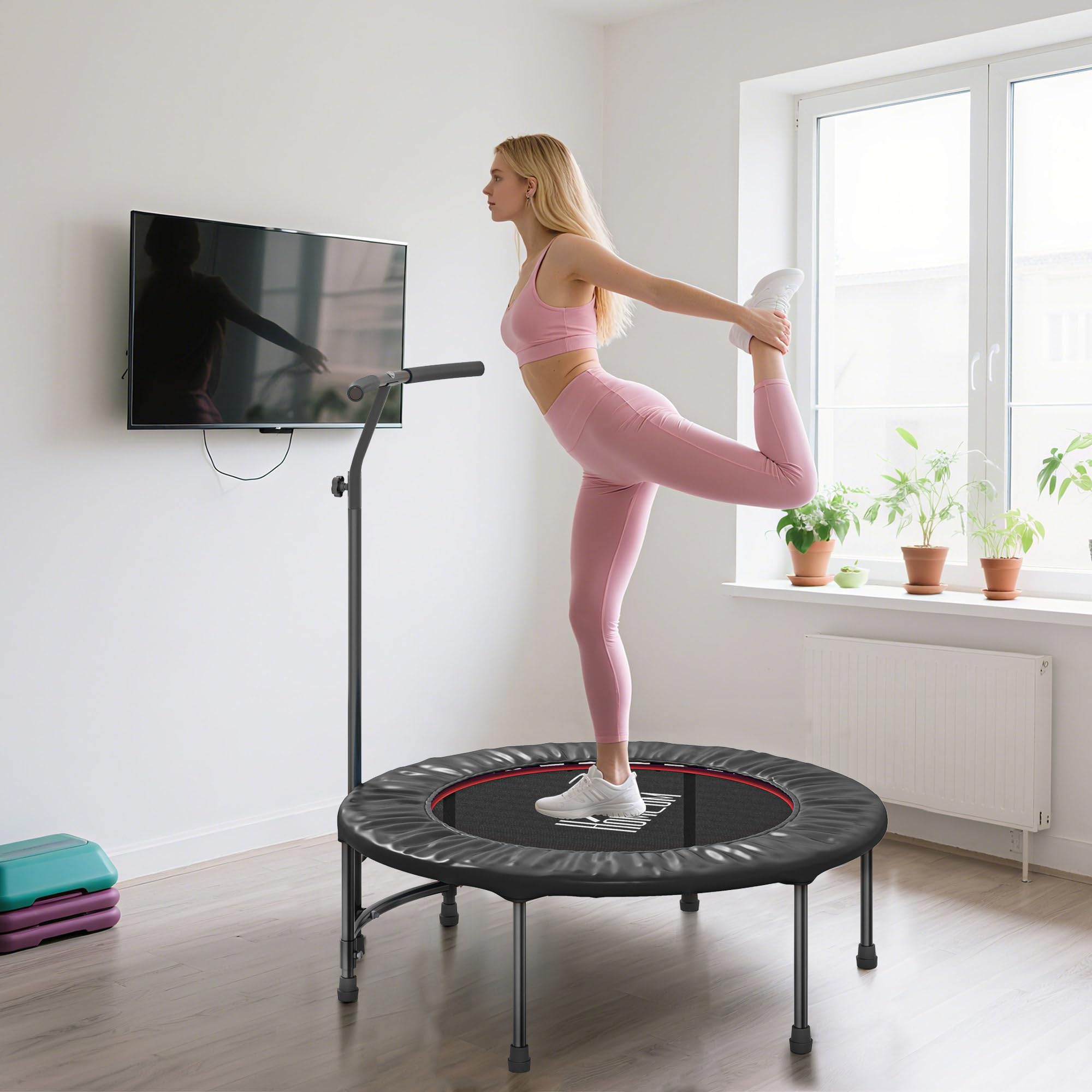 HOMCOM 40" Trampolina Fitness Rebounder z regulowanym uchwytem, czarny | Mini Trampolina, Rebounder z bungee, dla dorosłych, ćwiczenia w pomieszczeniu