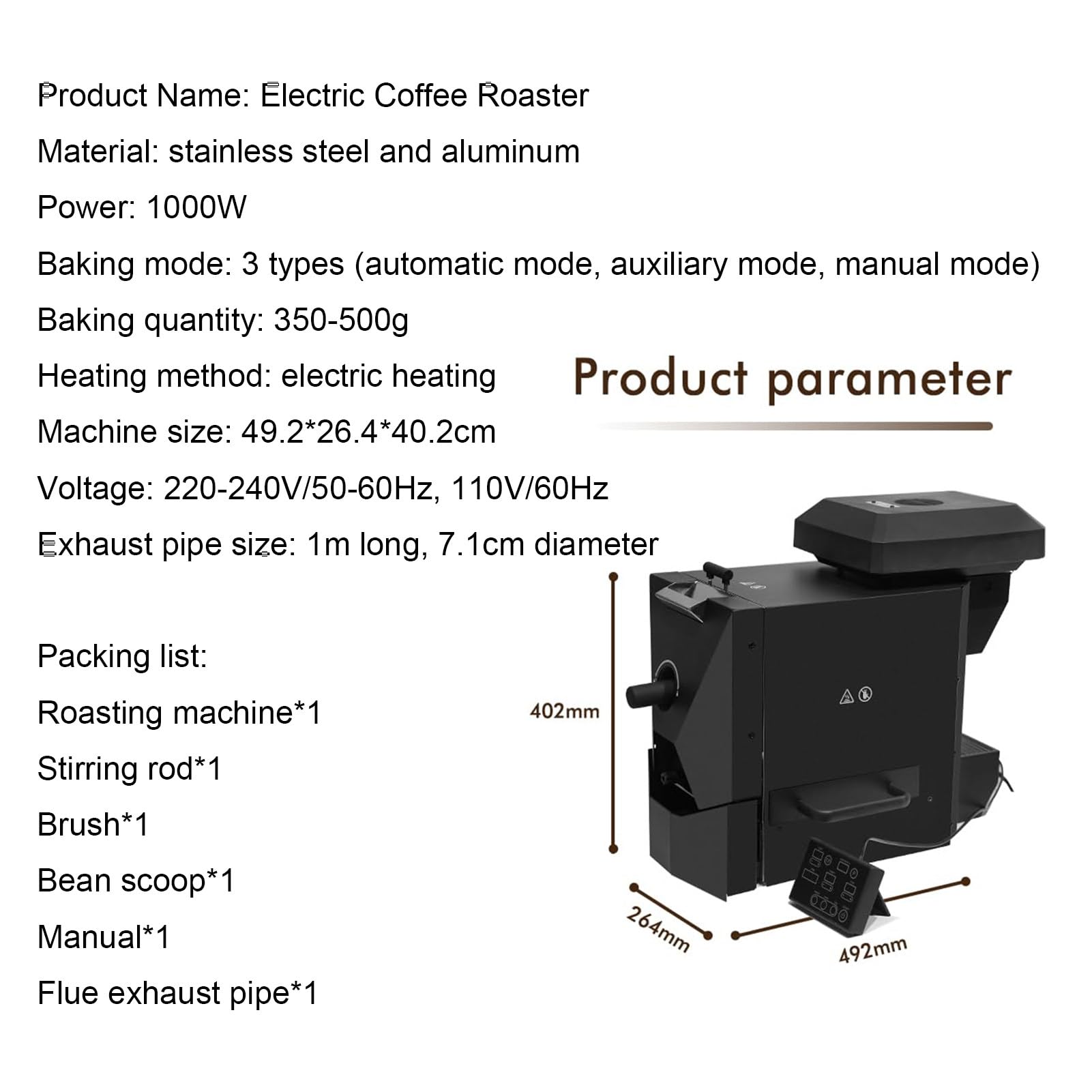 Tostatrice per caffè da 500 g, 3 programmi di tostatura, macchina per tostare i chicchi di caffè in casa con filtro antifumo, macchina per tostare automaticamente, 49,2x26,4x40 cm