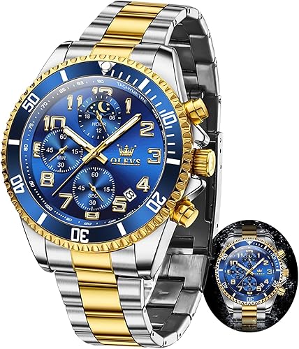 OLEVS Reloj cronógrafo para hombre, vestido de lujo, acero inoxidable, impermeable, para hombre, fase lunar, calendario luminoso, de negocios,
