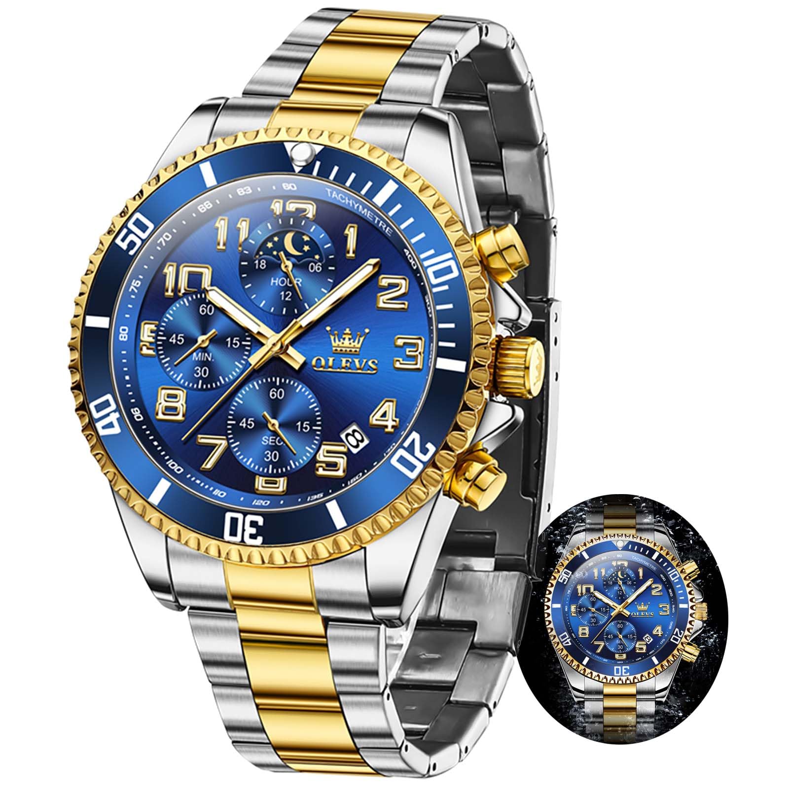 OLEVS Blue Watches for Men Chronograph Luxury Dress Moon Phase Large Stainless Steel Waterproof Luminous Business Calendar Wrist Watch