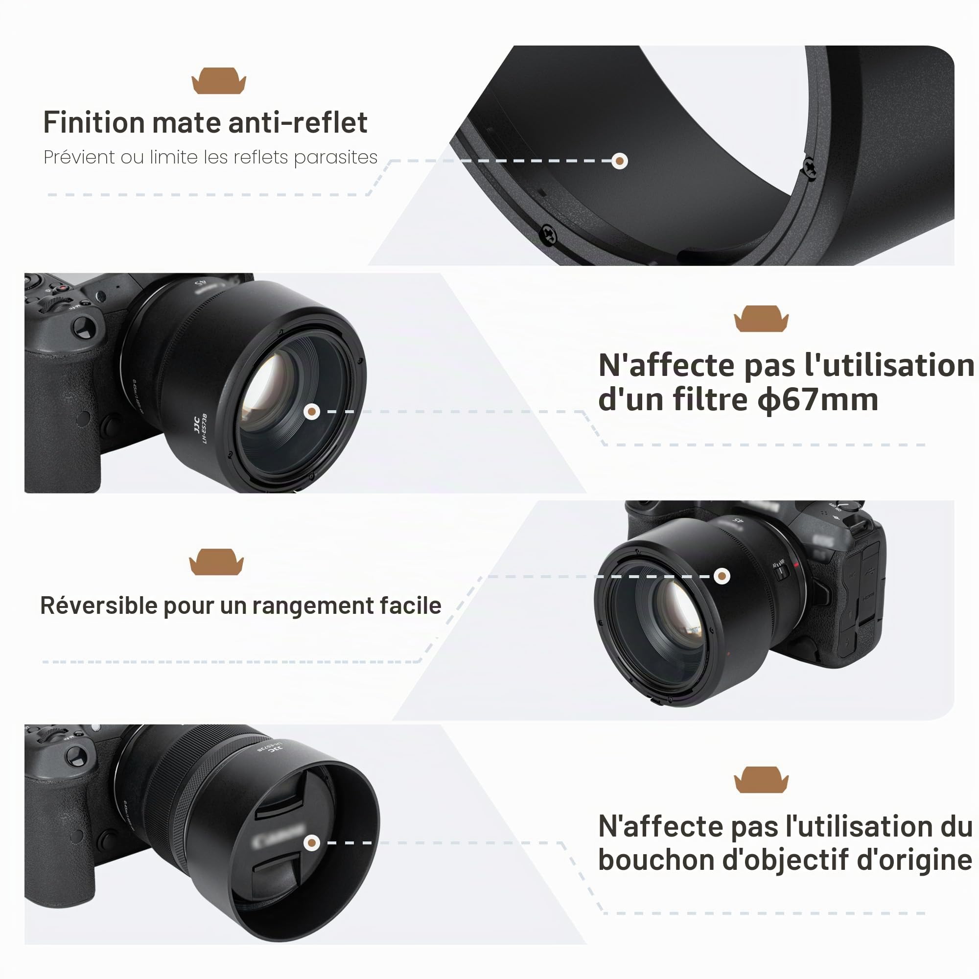 JJC ES73B Pare-soleil à baïonnette compatible avec objectif Canon RF 45 mm F1.2 STM, pare-soleil réversible remplace Canon ES-73B