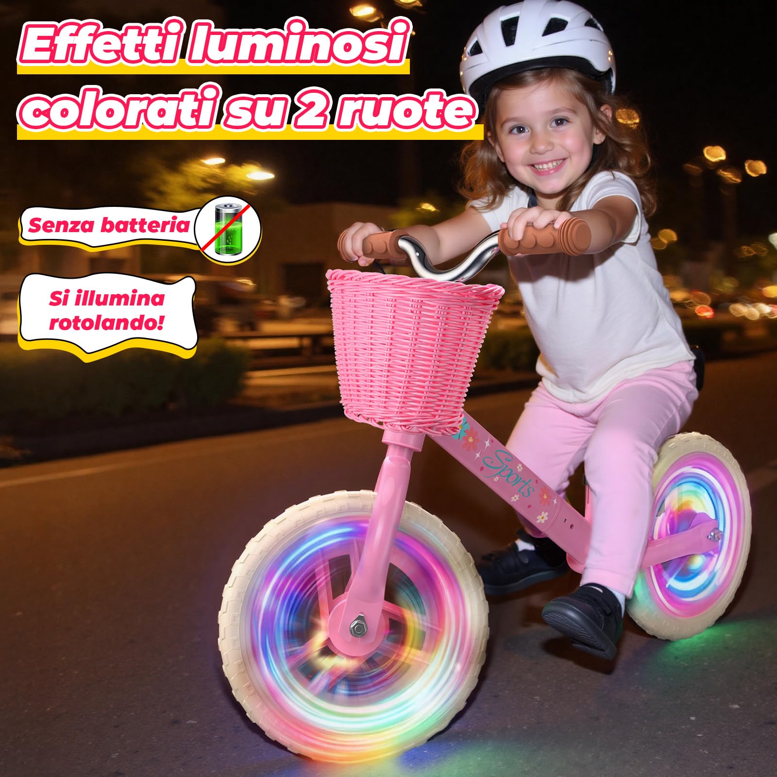 HappyGoLucky Bici Senza Pedali 2-5 Anni, Bicicletta Bambina – Ruote Luminose/Altezza Regolabile/Cestino Intrecciato, Giochi Regalo Giocattoli Gioco Bambina 2-5 Anni