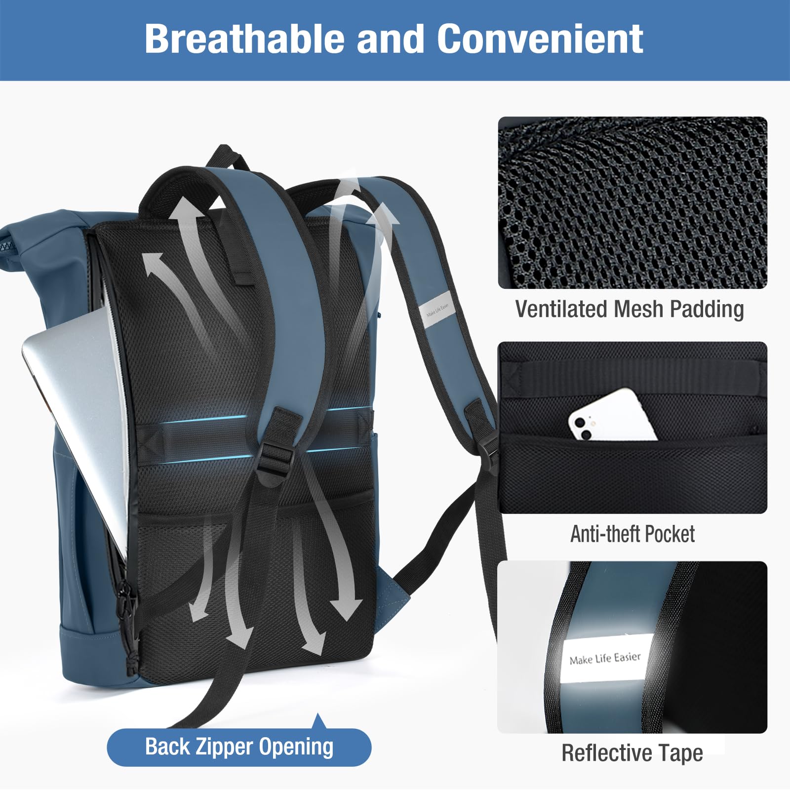 Lekeinchi Zaino Rolltop Uomo Donna Porta PC 17 Pollici | Zaino Impermeabile Uomo Donna - Rains Zaino con Strisce Riflettenti - Zaino da Viaggio Espandibile - Casual Lavoro Università - Blu XL