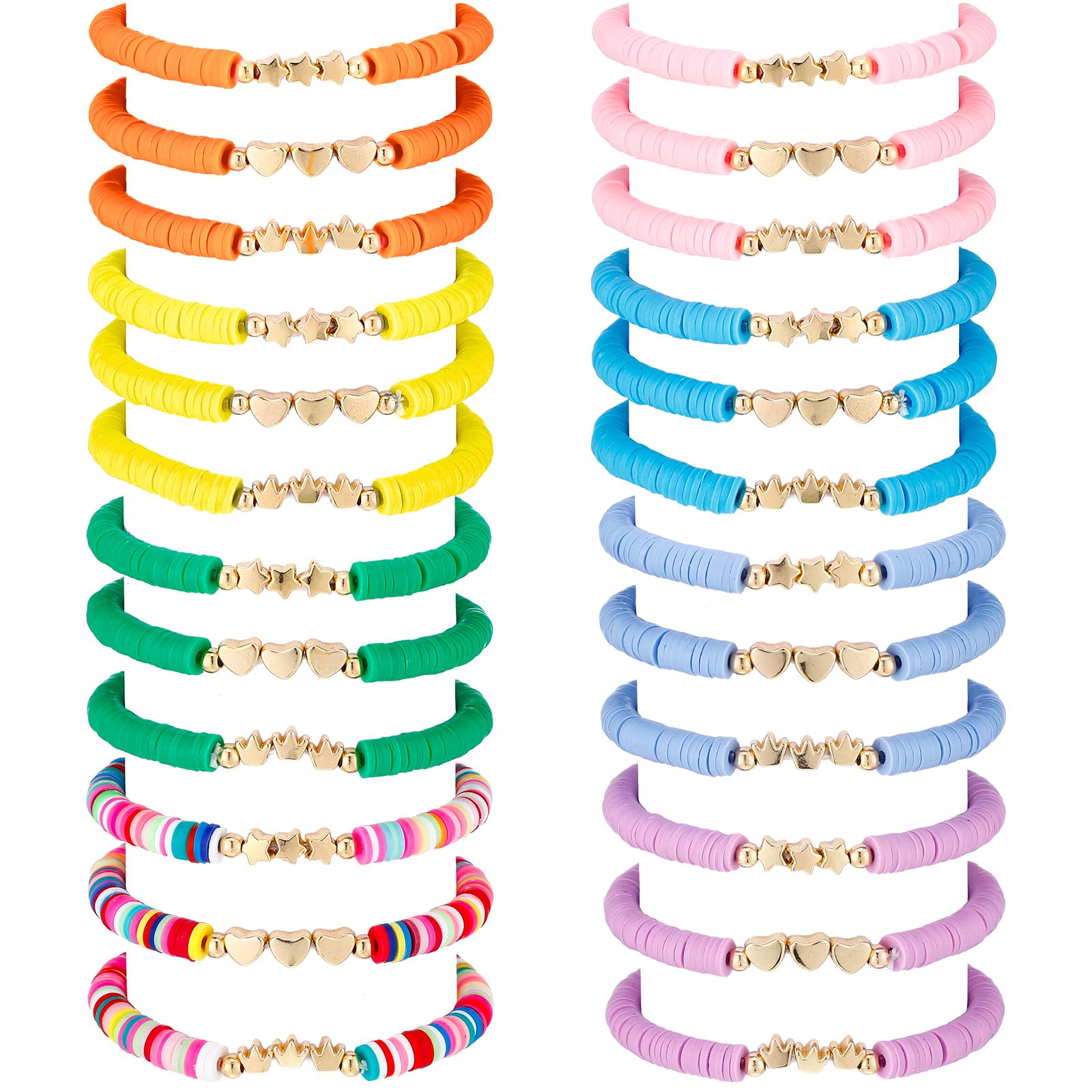 Sureio 24 Pcs Preppy Friendship Bracelets for Teen Girls Colorful Heart Star Crown Friendship Surfer Bracelets Cute Clay Beads Bracelets Bulk Surfer Bracelets for Back to School Party Favors Gifts