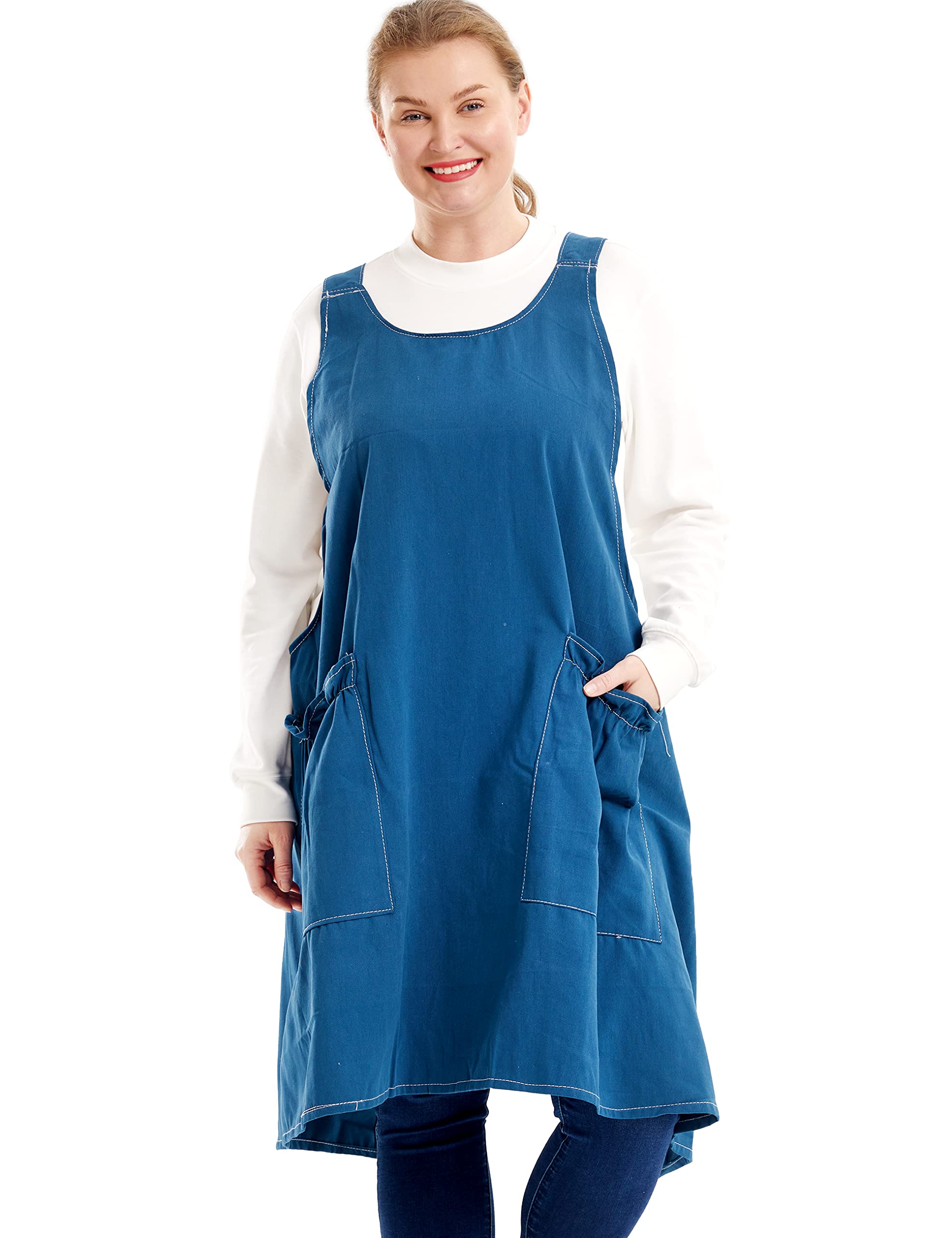 Big Plus Size Aprons for Women with Pockets Cotton Linen Baking Kitchen Cooking, Midnight Blue, Large