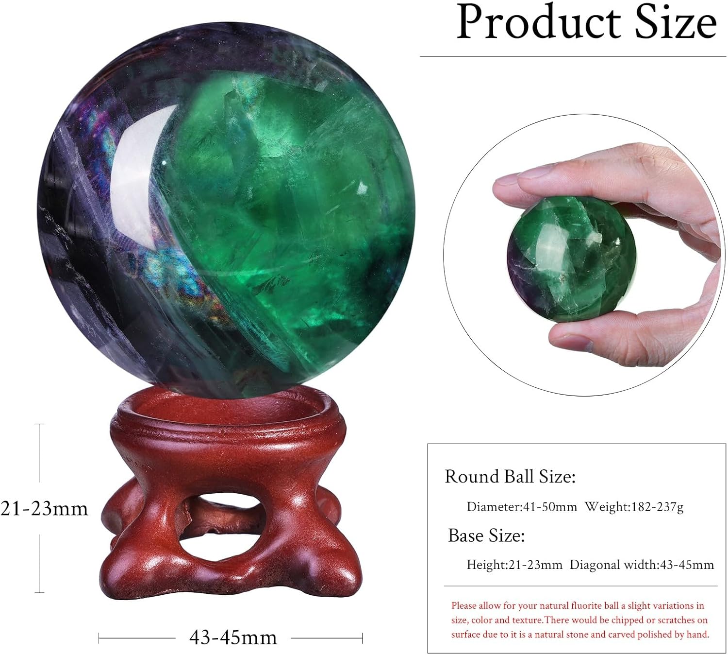 Sportmusies Natural Fluorite Stone Ball with Resin Base, Polished Fluorite Sphere Figurine Desk Home Reiki Healing Decoration, 1.61-1.96 inches