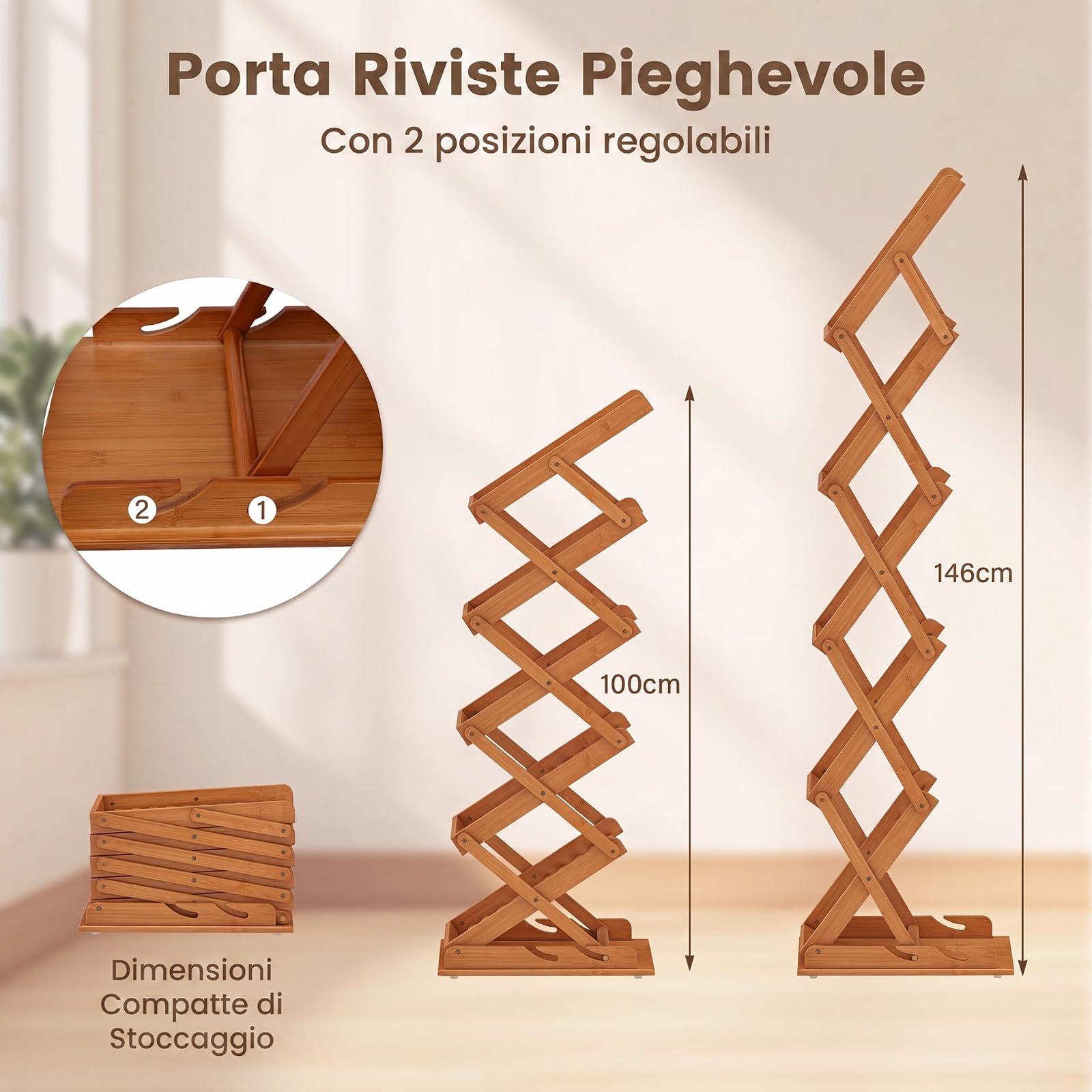 COSTWAY Portariviste Pieghevole in Bambù con 2 Posizioni Regolabili