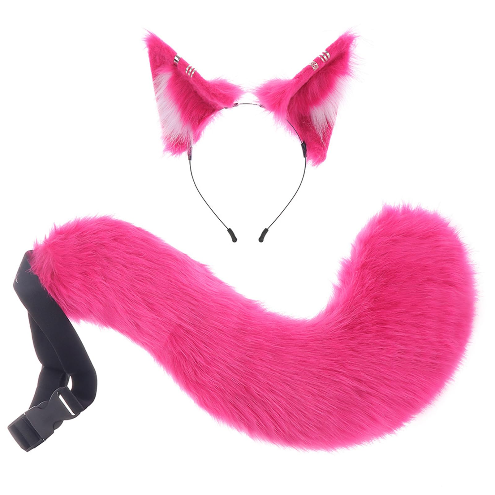 Gliswaieuznd Fluffy Cat Fox Wolf Ears and Tail Set Faux Fur Animal Headband and Poseable Tail for Halloween Cosplay Anime Outfits (Pink, One Size)