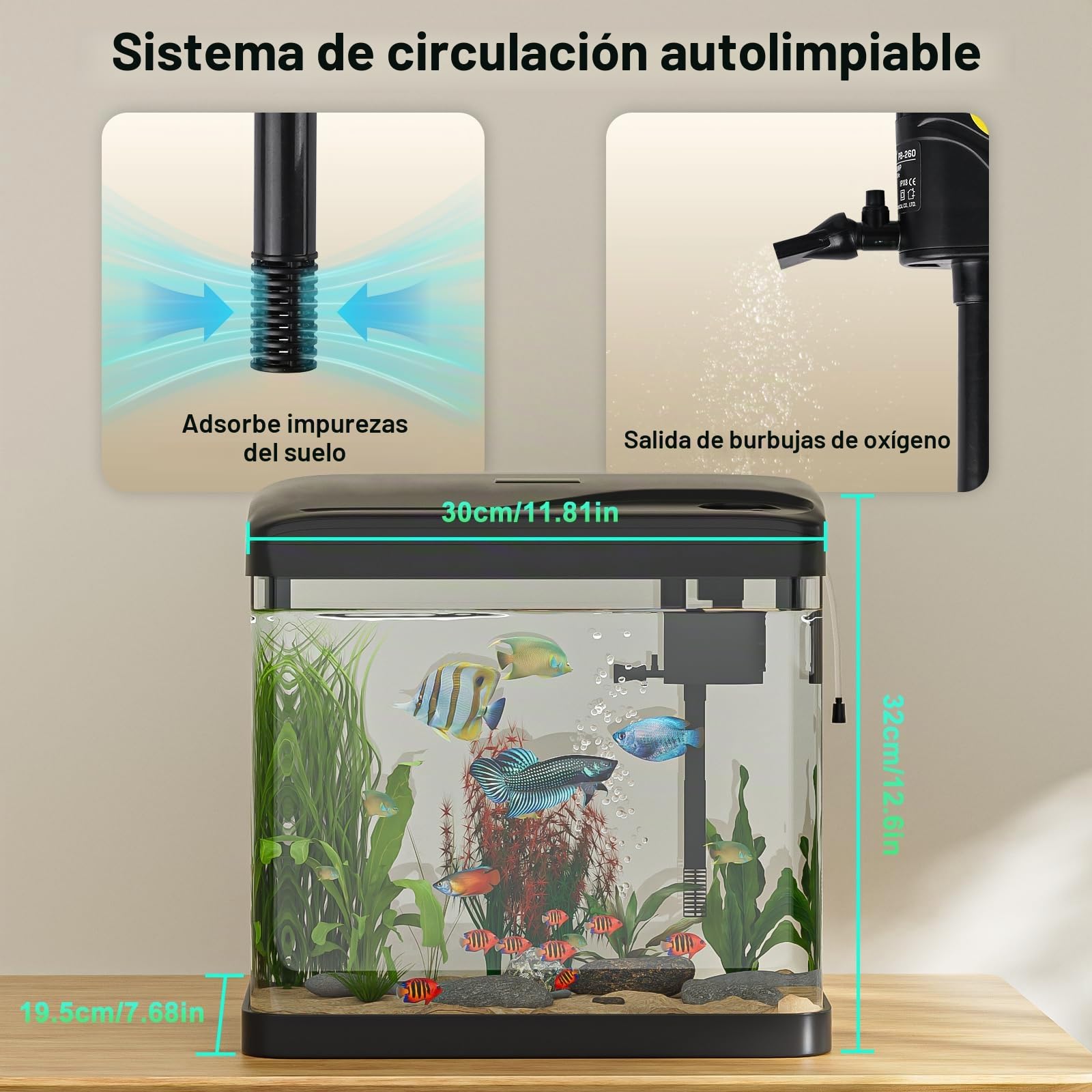 Acuario de Cristal, GuKKK Acuarios y Peceras Completas,Pecera con Sistema de Filtrado Integrado e Iluminación LED,Bajo Ruido y Silencioso,Acuarios de Iniciación, Negro (15L-2)