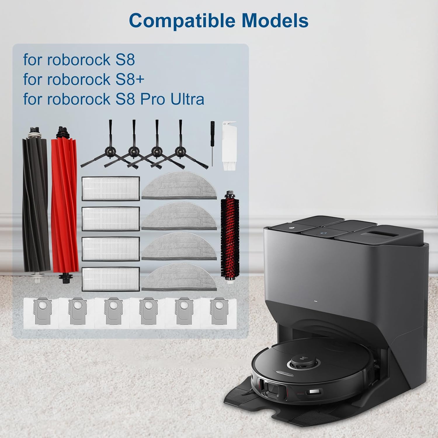 23PCS Vacuum Cleaner Accessorie Kit Compatible with Roborock S8/S8+/S8 PRO Ultra, 1 Set Main Brush &1 Rolling Brush &4 Filters &4 Side Brushes &4 Mop Cloth Pads &6 Dust Bags &1 Cleaning Tool