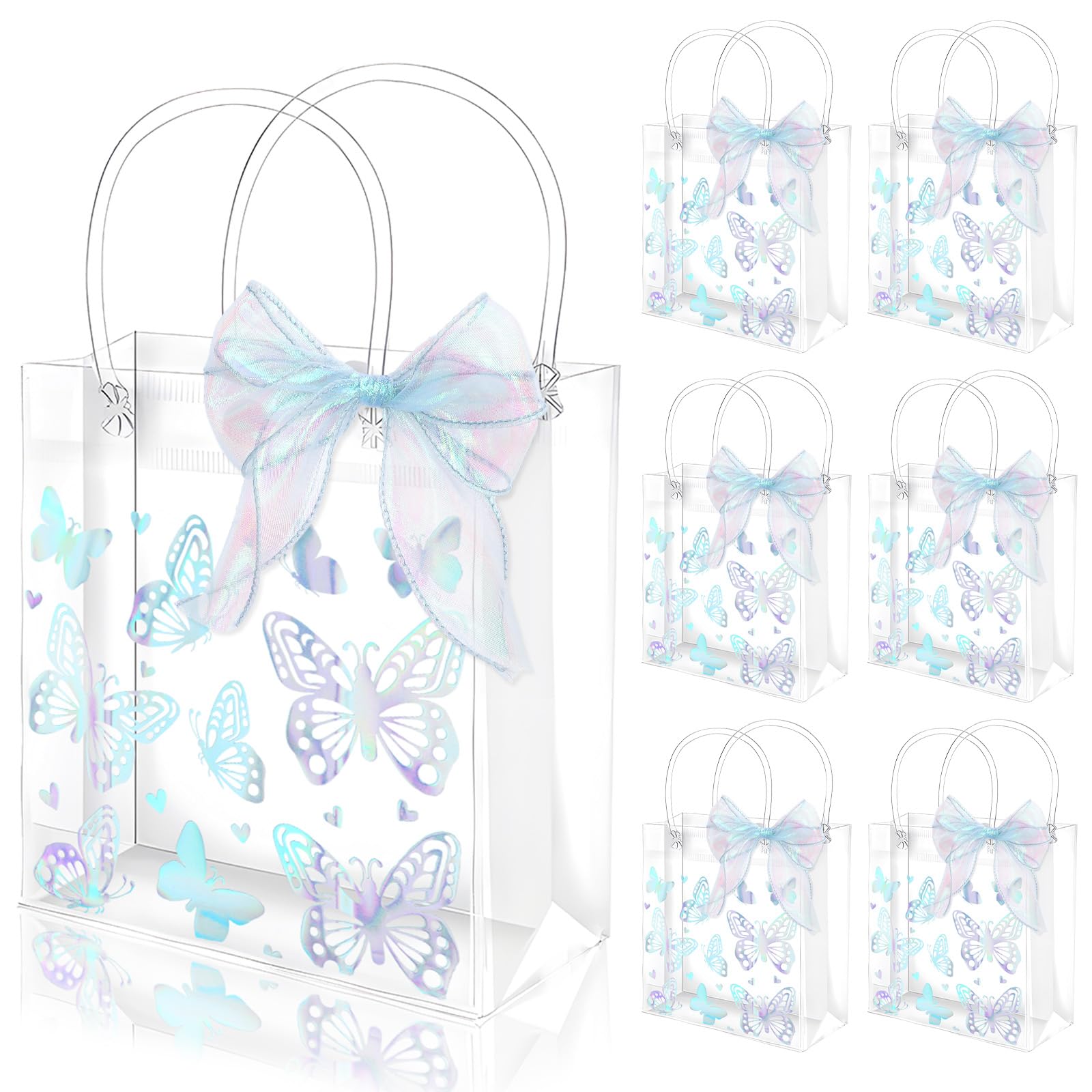 FYSUIMU 24 Pcs Holographic Butterfly Clear PVC Gift Bags Iridescent Butterfly Party Favor Bags with Handle Laser Treat Tote Bags with Ribbon for