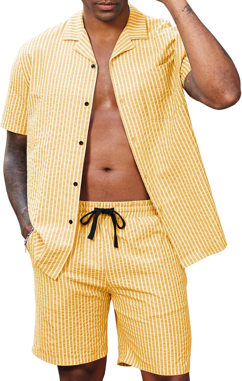 Lzzidou Men's 2 Piece Outfit Short Set Striped Button Down Shirt and Drawstring Shorts Casual Summer Beach Matching Suit