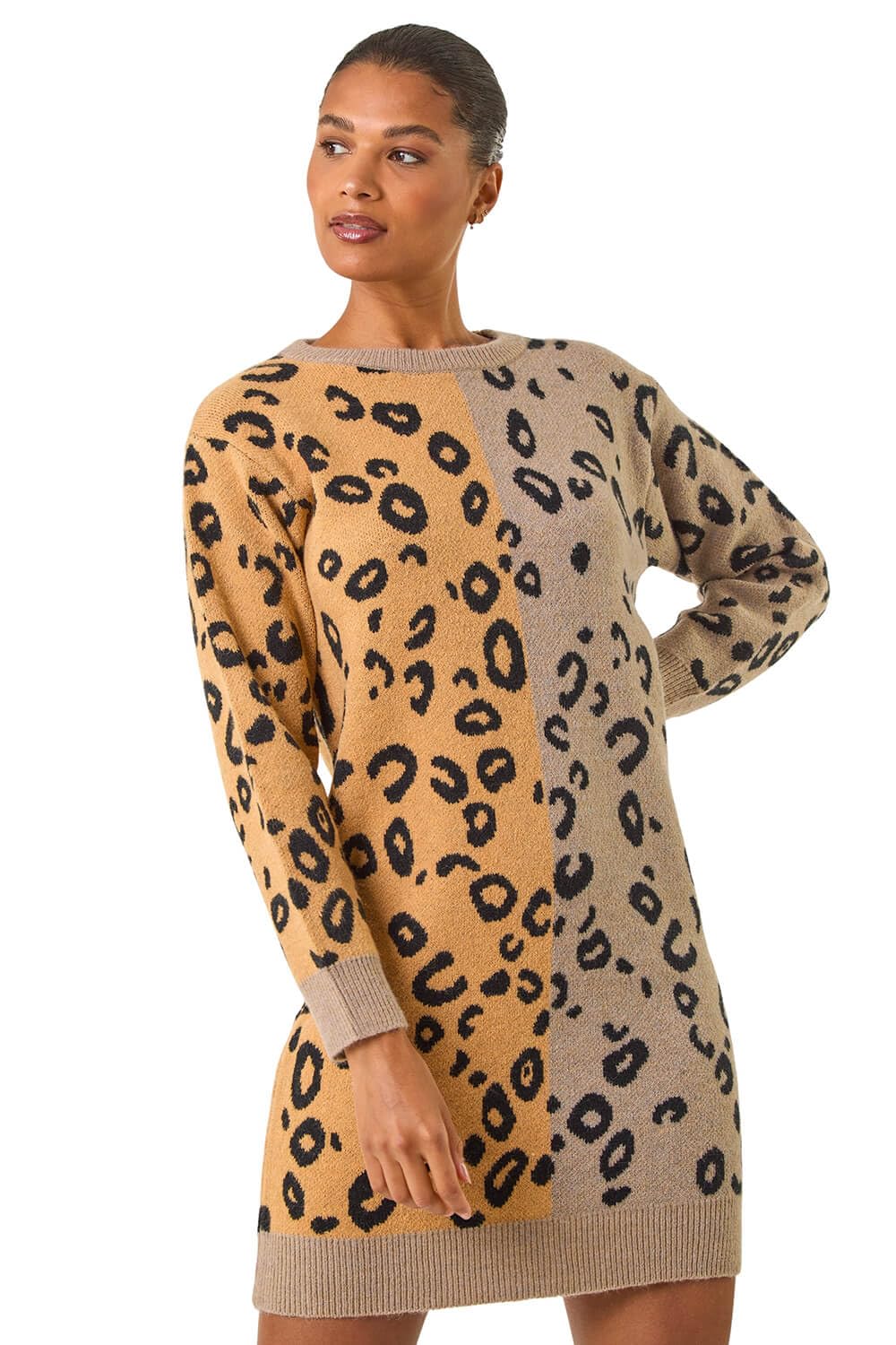 Roman Women's Tan Animal Print Knitted Shift Dress Size 20