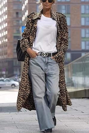 ebossy Women's Notch Lapel Leopard Print Duster Trench Coat Open Front Loose Faux Suede Mid Long Pea Coat