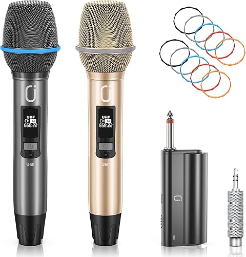 JAUYXIAN Micrófonos inalámbricos U60, sistema de micrófono dual UHF con receptor recargable, micrófono de karaoke de metal para cantar, boda, DJ,