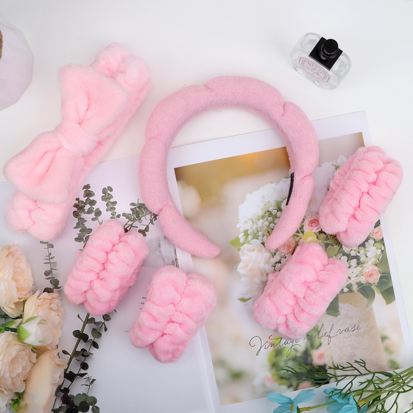 Set di fascia e braccialetto rosa per spa, fascia per lavare il viso, spugna, fasce per la cura della pelle, fasce per il trucco per donne e ragazze, fascia per la cura della pelle, morbida