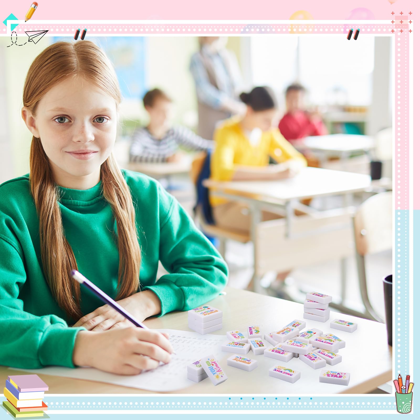 Resurhang 180 Stück Radiergummis für Kinder, inspirierende Bleistift-Radiergummis, Großpackung zum Zeichnen, motivierend, großer Radiergummi, Schulbedarf für Klassenzimmer, Schulanfang, Büro