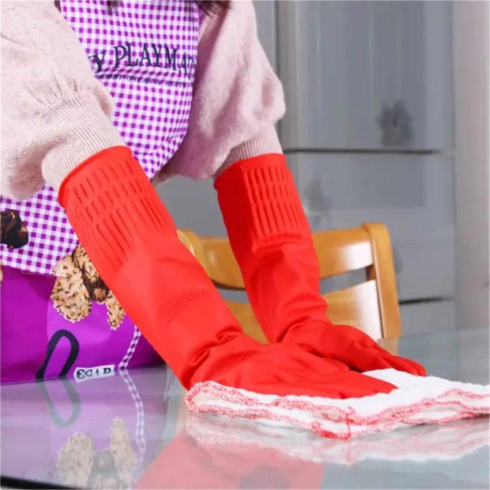 3 uds 38cm guantes for lavandería doméstica limpieza de cocina for lavar platos látex goma gruesa alargada antideslizante resistente al desgaste Para Cocina(Red)