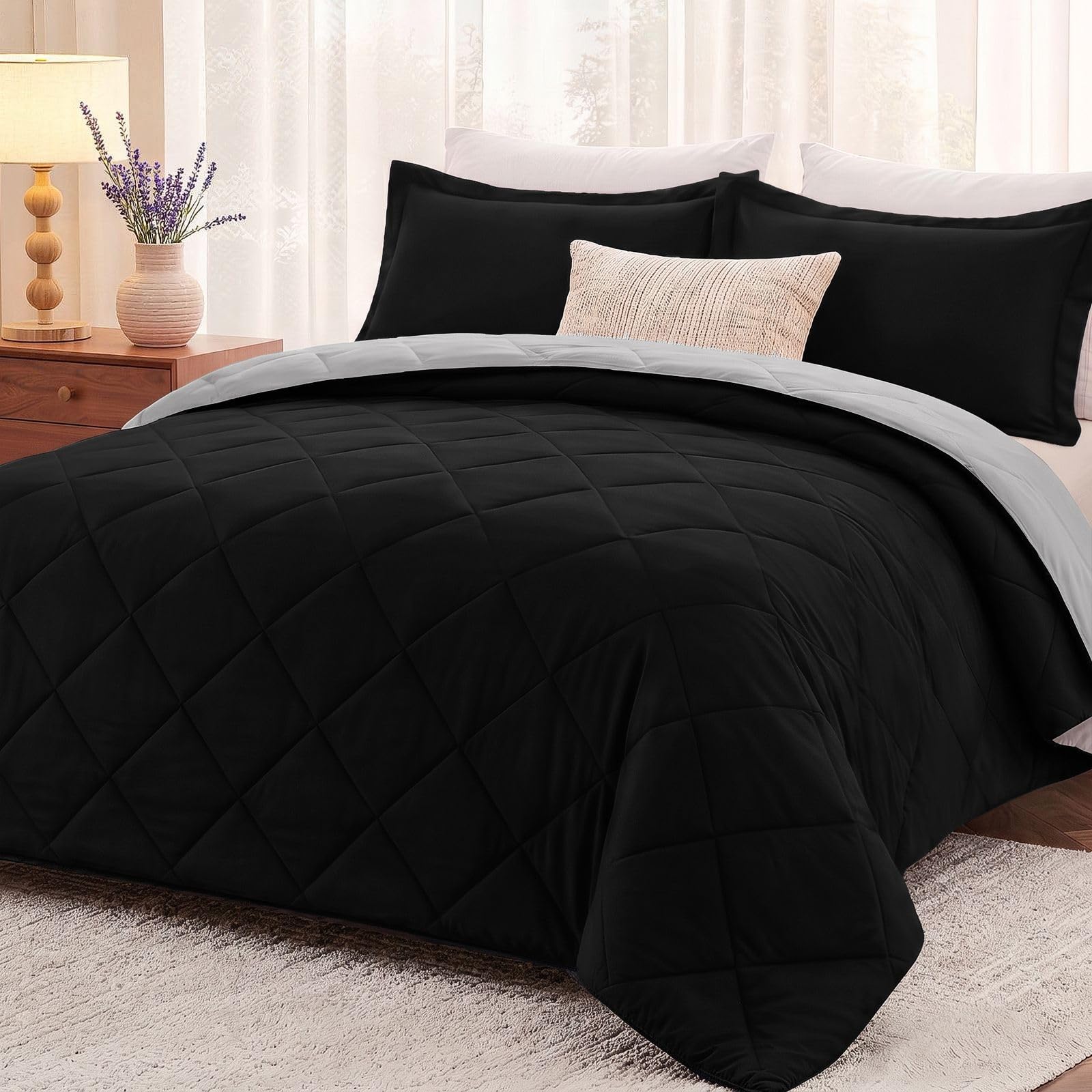 downluxe California King Comforter Set - Black and Grey Cal King Comforter Set, Soft Bedding Sets for All Seasons - 3 Pieces - 1 Comforter (104"x96") and 2 Pillow Shams(20"x36")