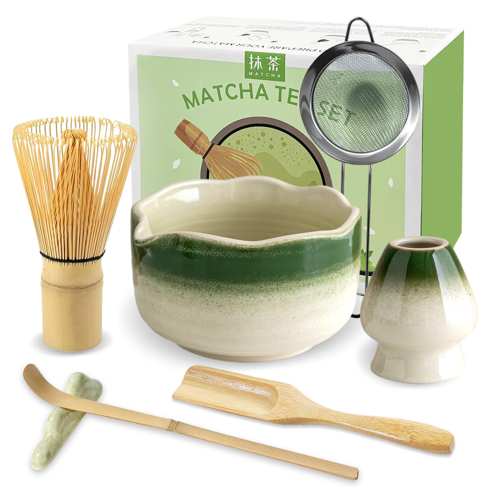 JBER Matcha Besen Set, Matcha Set 7-Teiliges - Matcha Besen und Besenhalter, Matcha Schale mit Auslauf, Sieb, Löffel und Halter, Japanisches Matcha Zubehör für Matcha-Liebhaber, Grün mit Farbverlauf