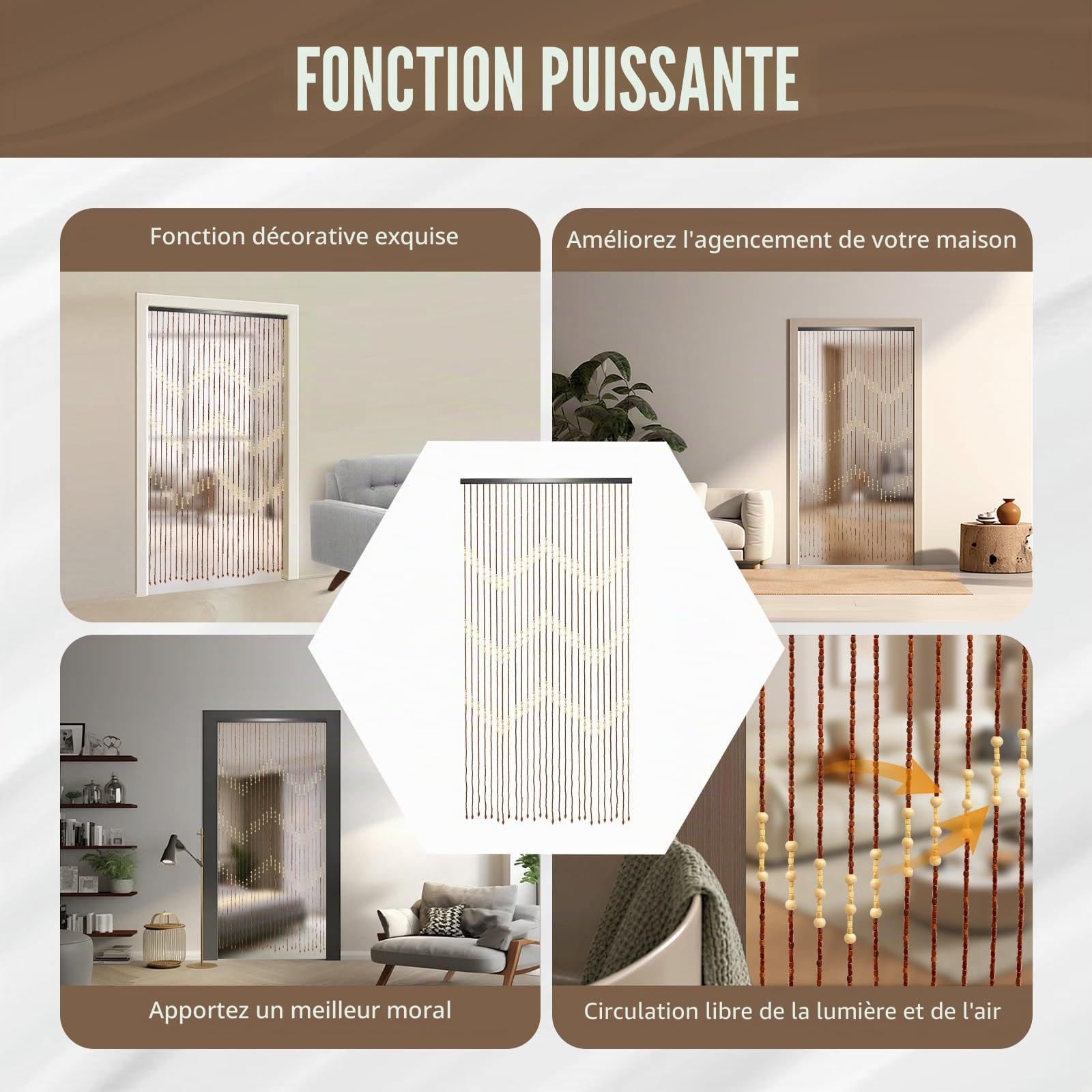 Rideau de porte en perles 90x175 cm 27 brins - Rideau en bois perlé en bambou - Boho pour portes, décoration, séparateur de pièce pour salon, balcon (Bois)
