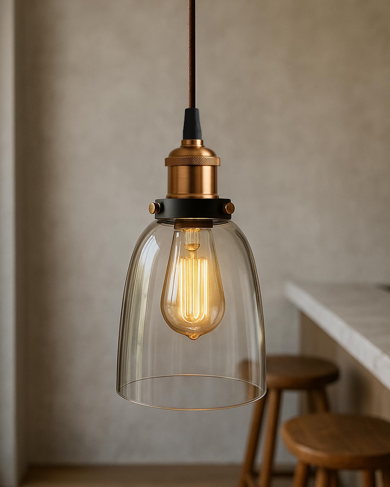 Homesake®Pendant Light with Bell Glass Shade, Metal Base Cap and Adjustable Textile Cord, Industrial Style Retro Hanging Lamps for Dining Living Room, Rose Gold