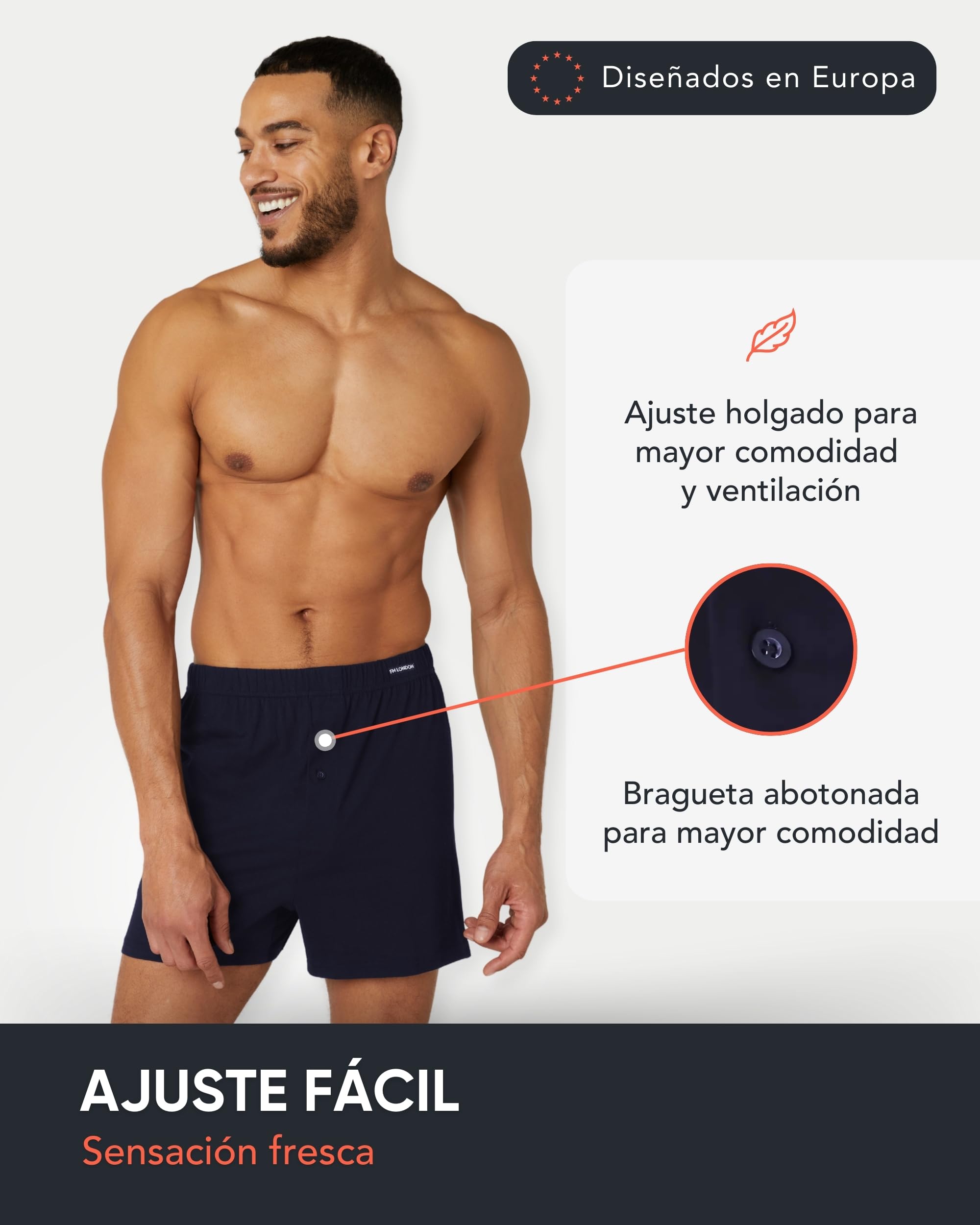 FM London Pack de 5 Calzoncillos para Hombre de Algodón - Bóxer para Hombre de Algodón 100% Supersuave, Colores Lisos – Bóxer de Estilo Holgado, Bragueta Abotonada y Cintura Elástica