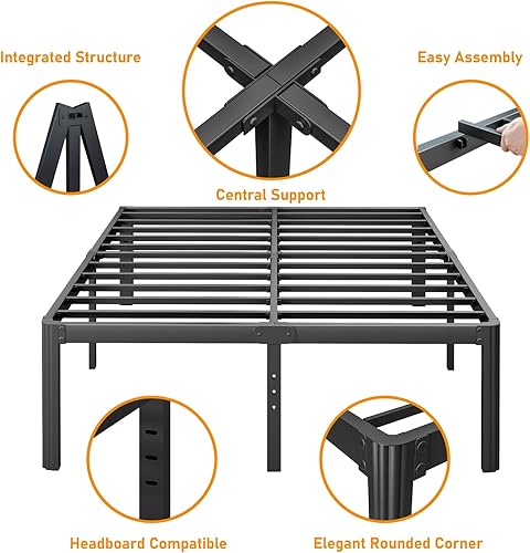 Miniatura 6 de Askeld Base de cama tamaño Queen, plataforma de metal de 16 pulgadas de alto con patas de esquina redonda, no necesita somier, base de cama