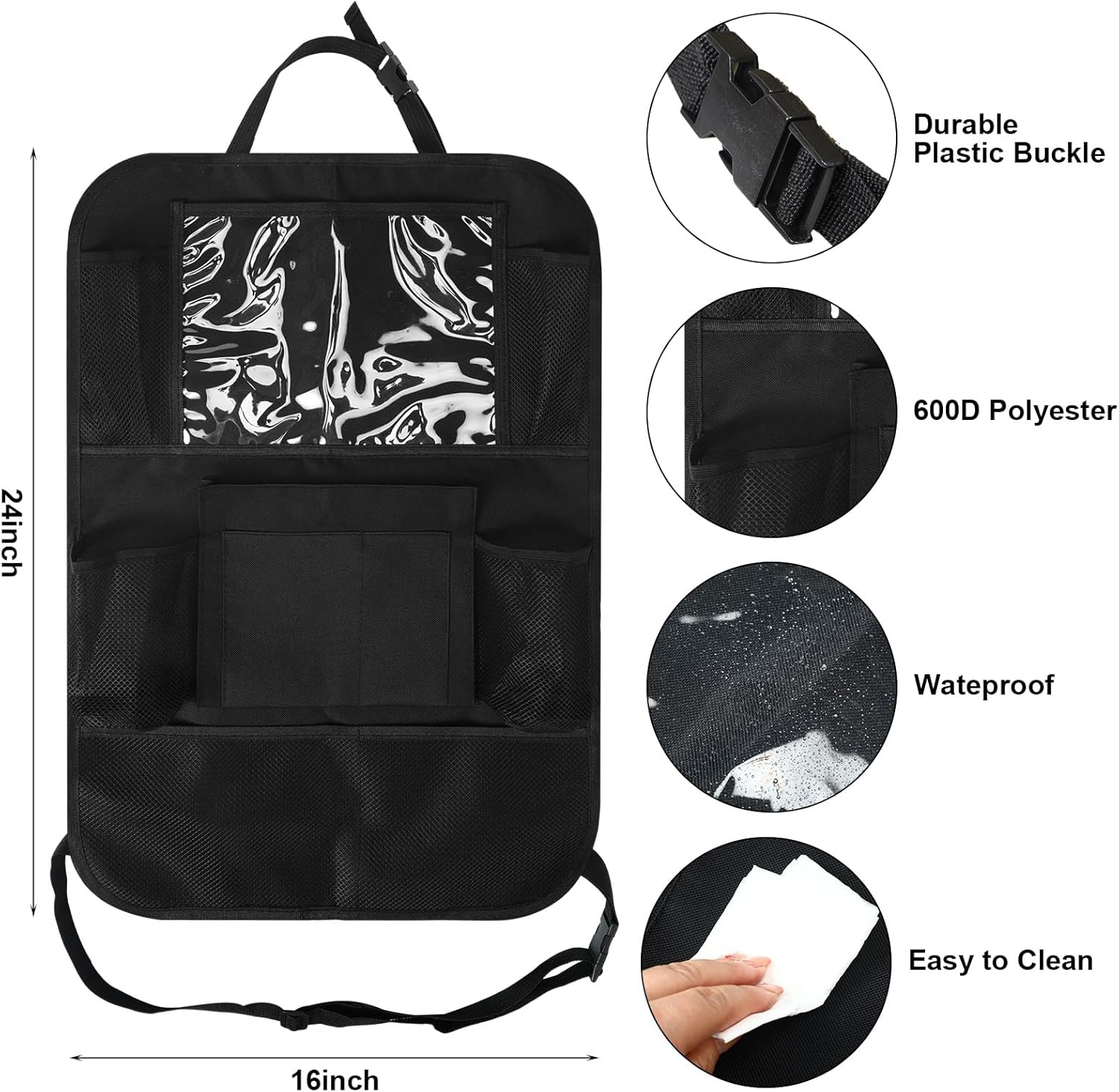 2 Pcs Backseat Car Organizers with Table Tray, 6 Storage Pockets Car Organizer with Tablet Holder, Kick Mats Protectors for Kids Travel Accessories Black, Unisex(Stylish,Black)