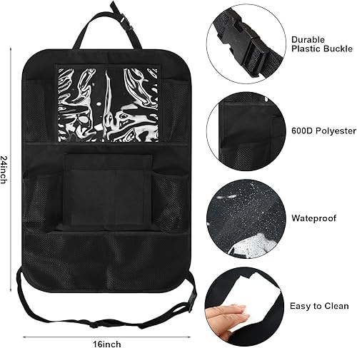 Vista 11 de 2 organizadores de automóvil para asiento trasero de automóvil con bandeja de mesa, 6 bolsillos de almacenamiento con soporte para tableta, Negro