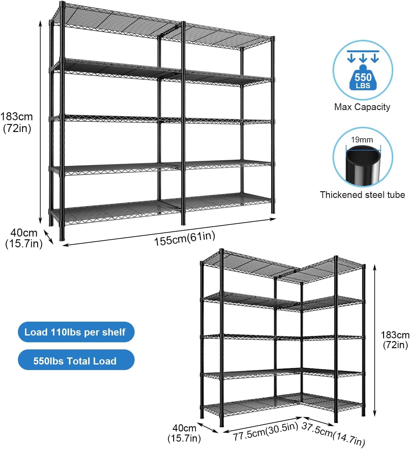 Scaffalatura a 5 ripiani, 183x155x40 cm, Capacità 550 kg, 5 Ripiani Regolabili, Montaggio Senza Attrezzi, Nero (Nero, 155 * 40 * 183cm)