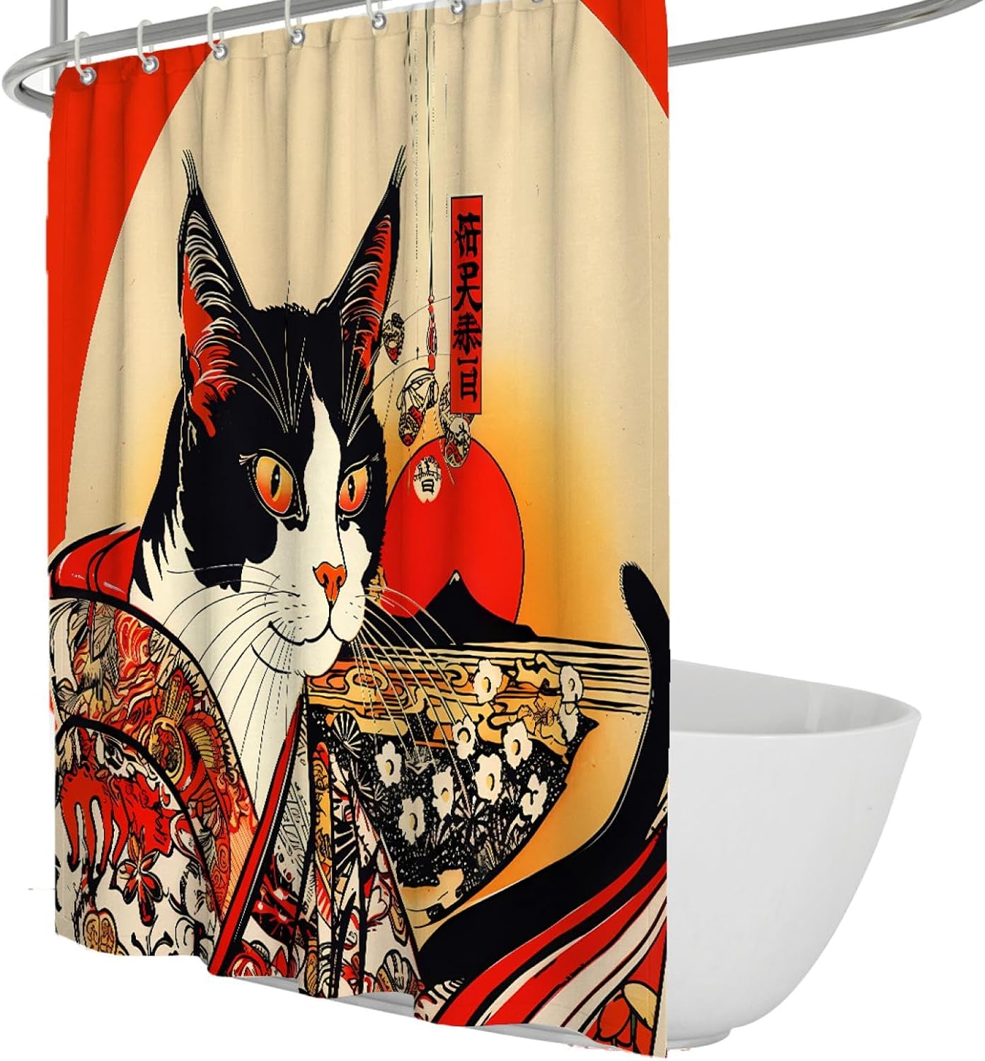 Traditional Oriental Shower Curtain Liner with Hooks Fabric Japanese Motifs Shower Curtains for Bathroom Water Repellent Hotel Quality 60x72