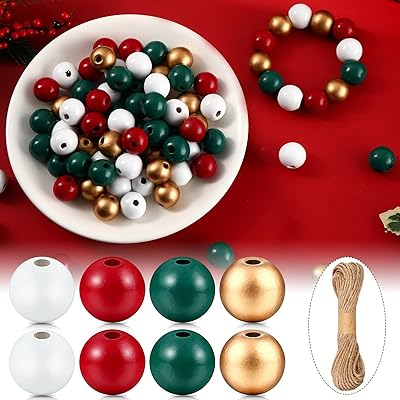 240 Pieces Wood Bead 4 Colored Wooden Bead Red Green Colorful Wooden Bead White Golden Large Bead Farmhouse Home Bead Polished Spacer Bead with Twine for DIY Craft Garland Jewelry Making, 0.63 Inch