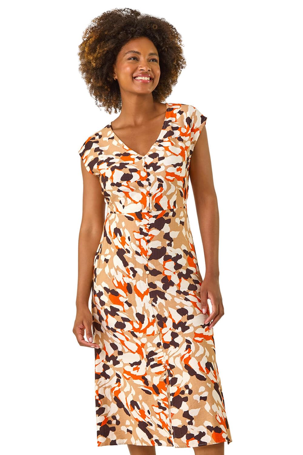 Roman Women's Orange Geo Print Button Detail Midi Dress Size 18