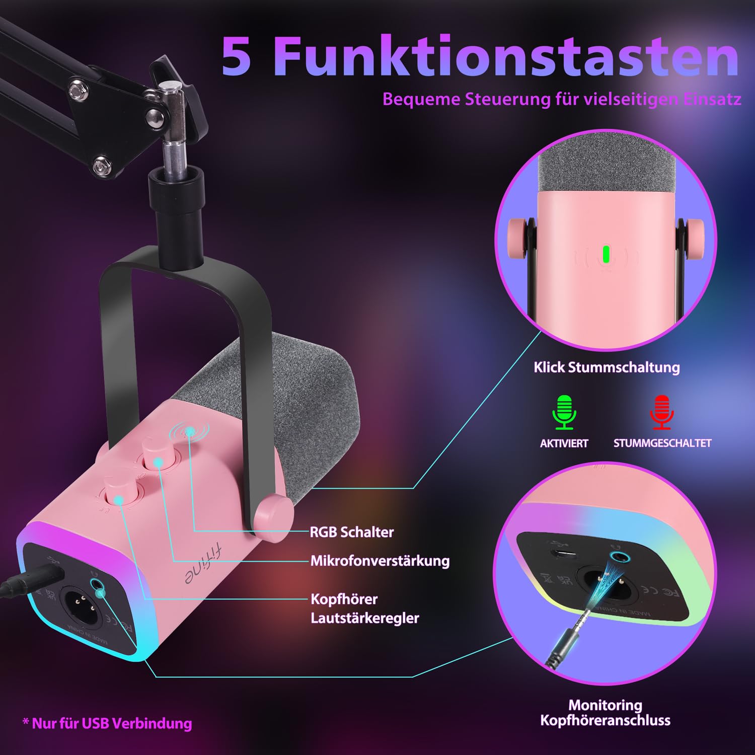 FIFINE XLR Streaming Mikrofon mit Arm für Podcast Studio, USB Dynamisch Microphone Gaming PC mit Stummschalttaste, für PS4/5 Mac Mixer Soundkarten - Rose