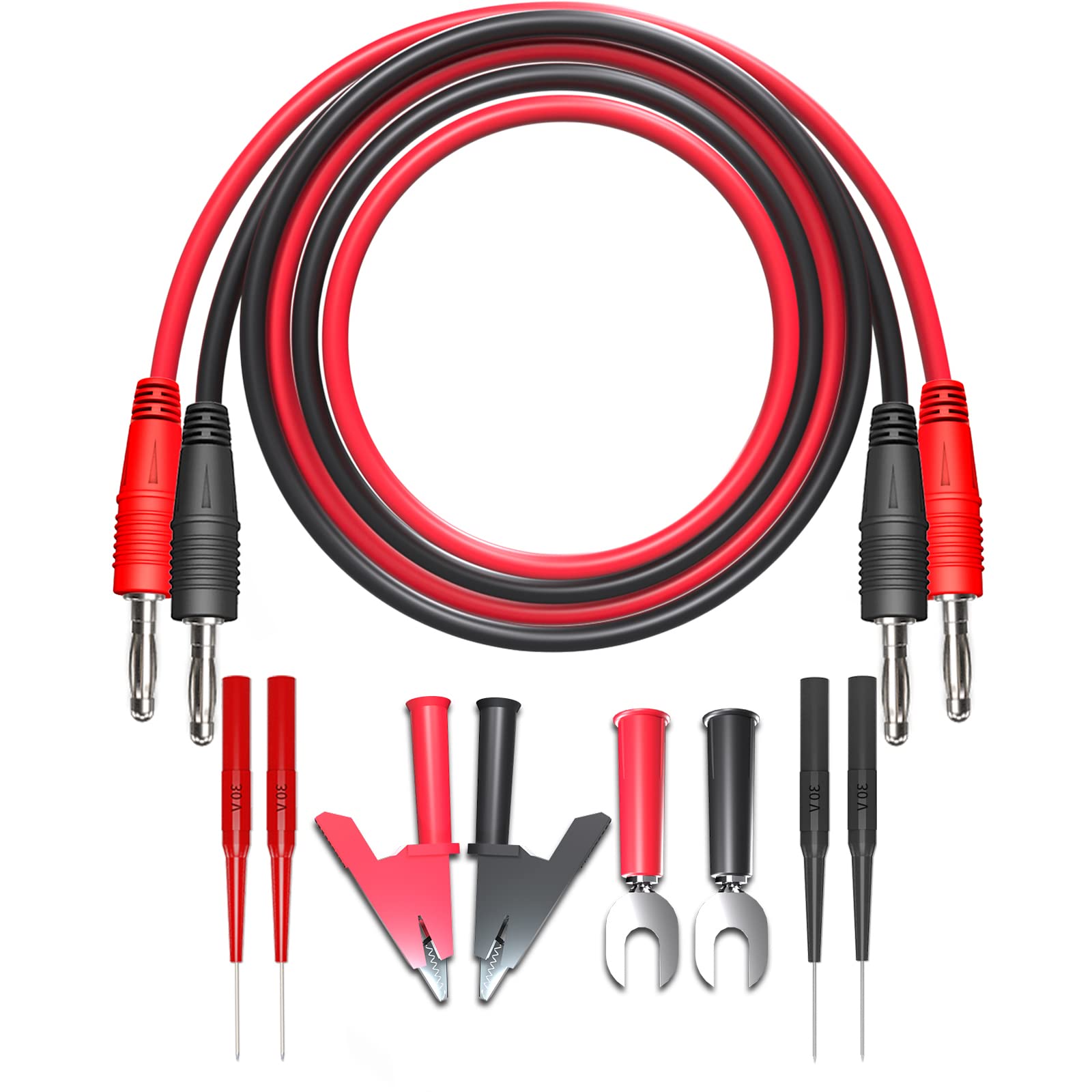 Cleqee 1000V/15A 1mテストリード 絶縁ワニ口クリップ U型純銅シェイプ 絶縁ニードル付き バナナプラグケーブル