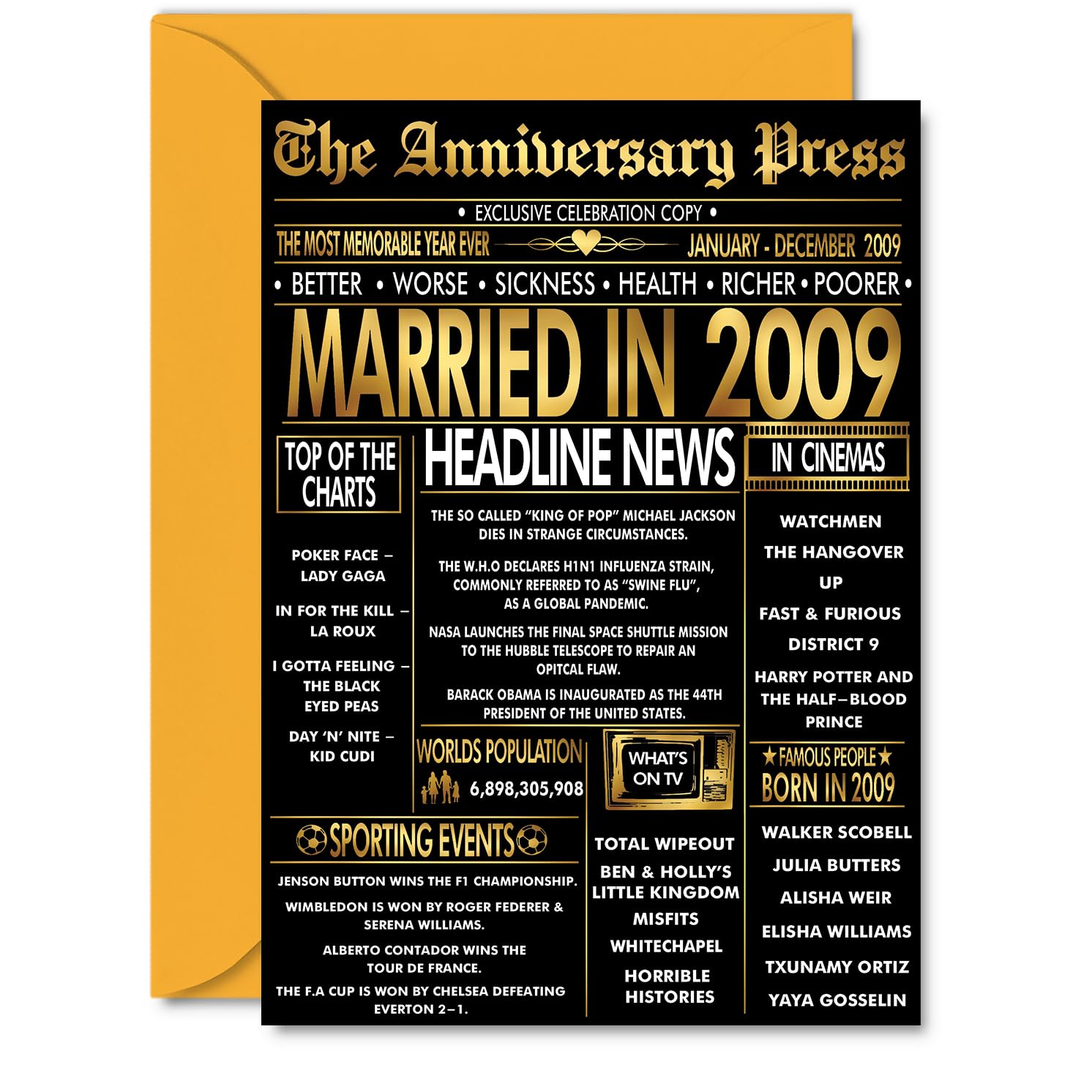 Gold 17th Anniversary Card for Men Women - Golden Newspaper Married in 2009-17 Year Wedding Anniversary Card for Husband Partner Wife Companion, A5 Anniversaries Greeting Cards