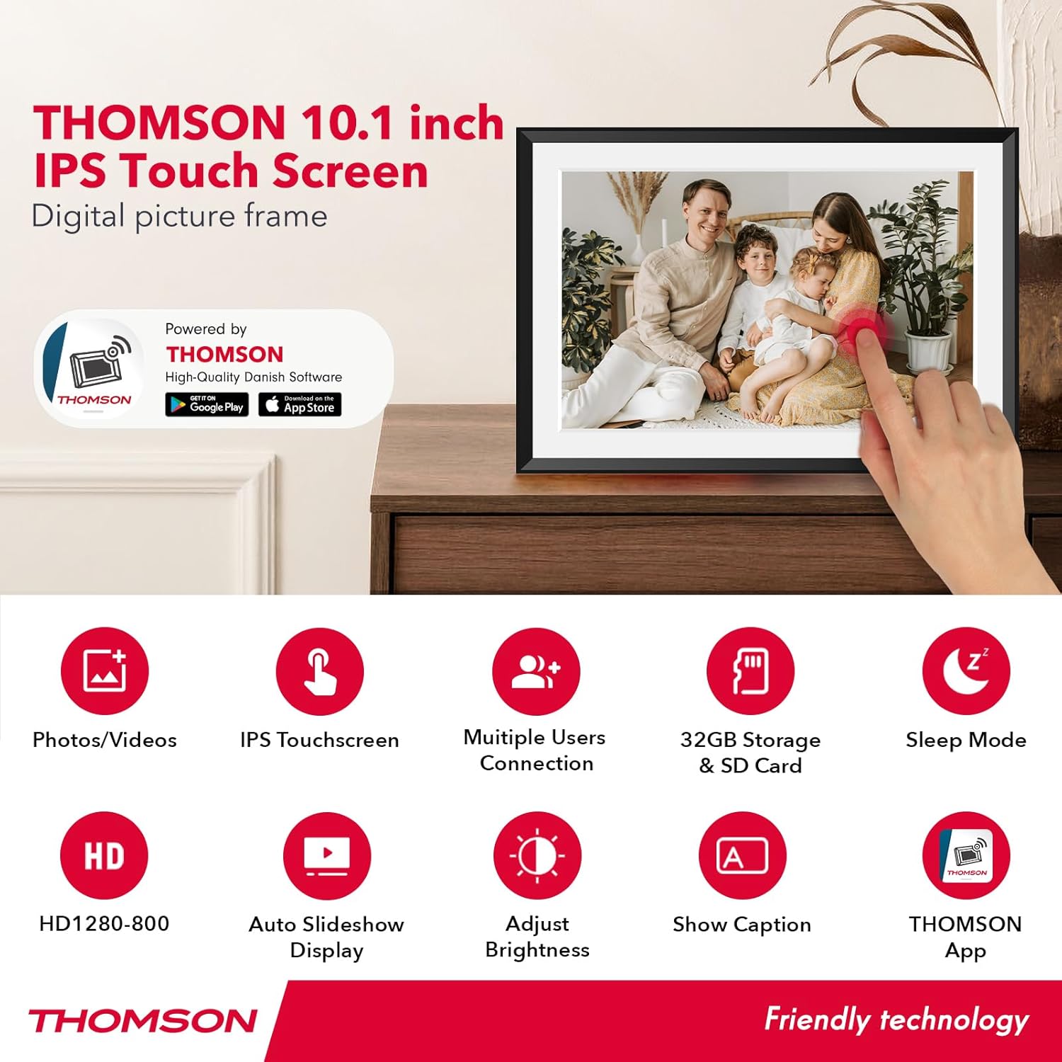 Diagram showing key features of the THOMSON 10.1 inch IPS Touch Screen Digital Picture Frame.