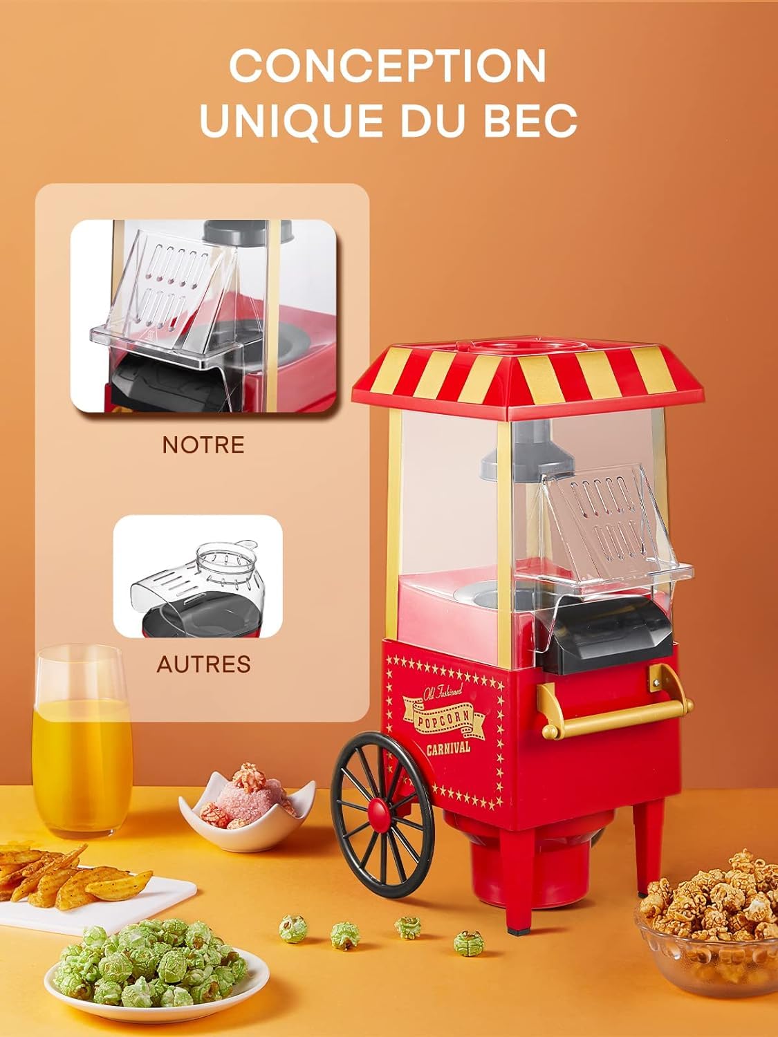 Máquina para palomitas de maíz con aire caliente + dosificador y contenedor – Sin grasa y sin aceite – Máquina de palomitas de maíz casa retro – 1200 W