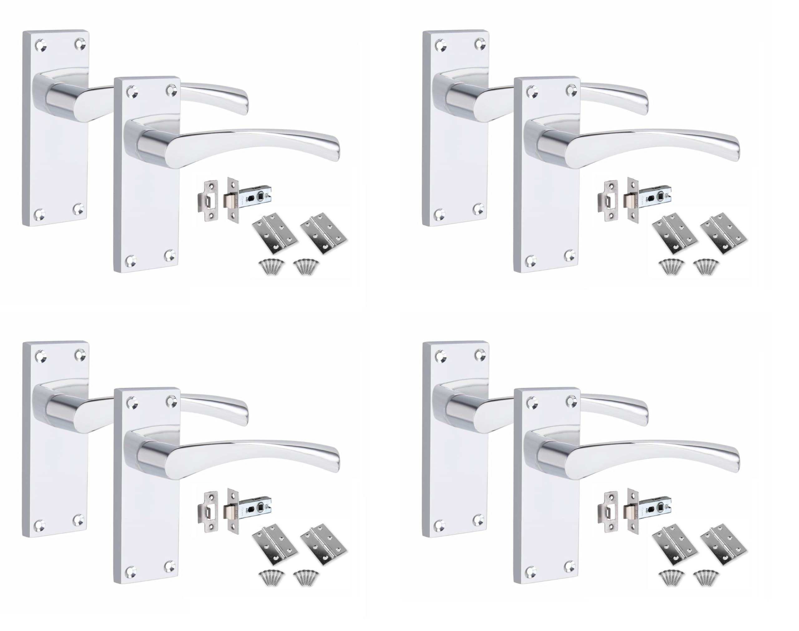 Golden Grace 5 Set of Victorian Scroll Astrid Door Handles Latch in Polished Chrome with 1 Pair of 3" Standard Butt Hinges & Latches Pack, 4 Sets - 120mm x 40mm Backplate