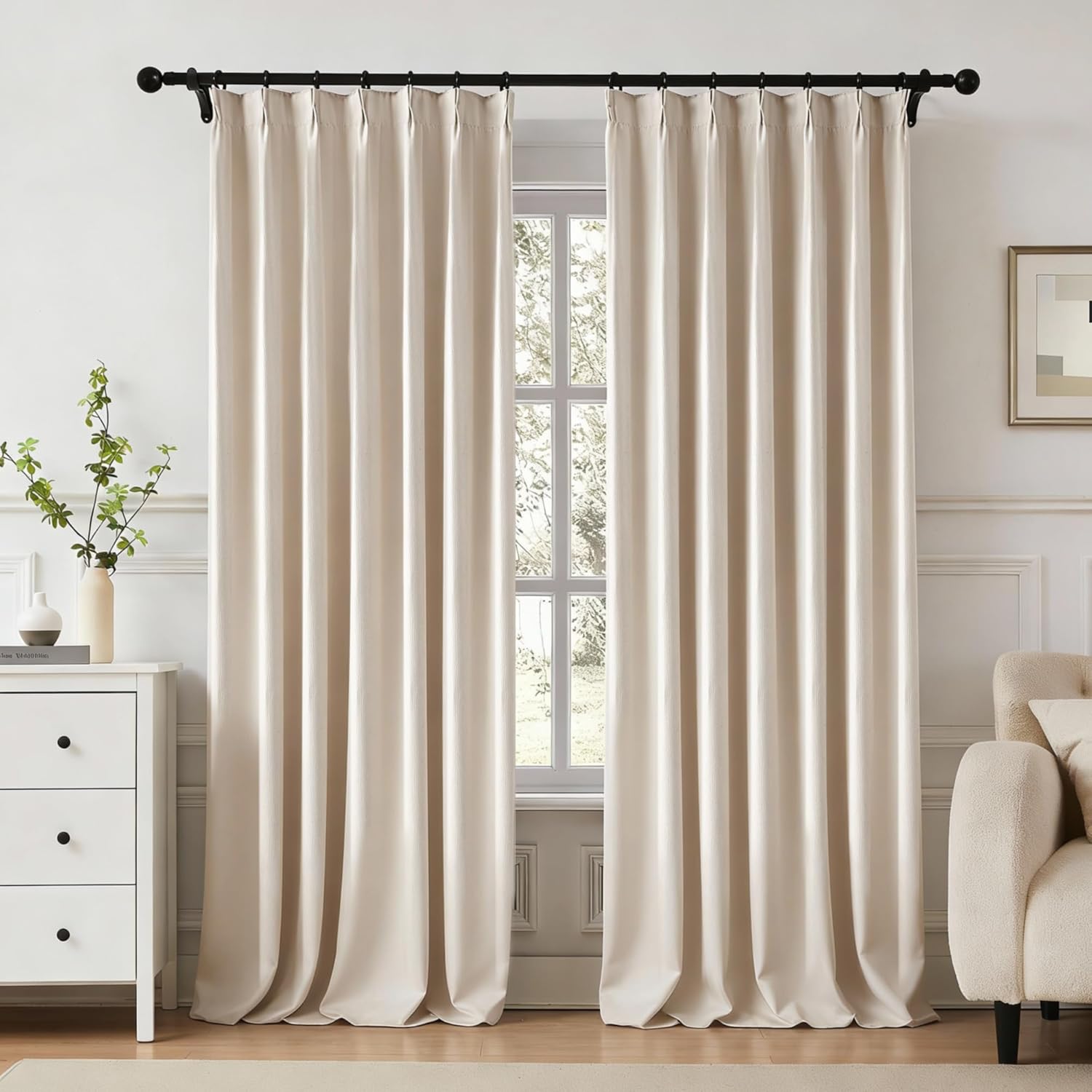 90 Inch Full Blackout Pinch Pleated Curtains for Bedroom Window Treatment Energy Efficient Thermal Insulated Drapes Ivory Back Tab Linen Strip Textured Weave Curtains with Hooks 40"x90", 2 Pcs
