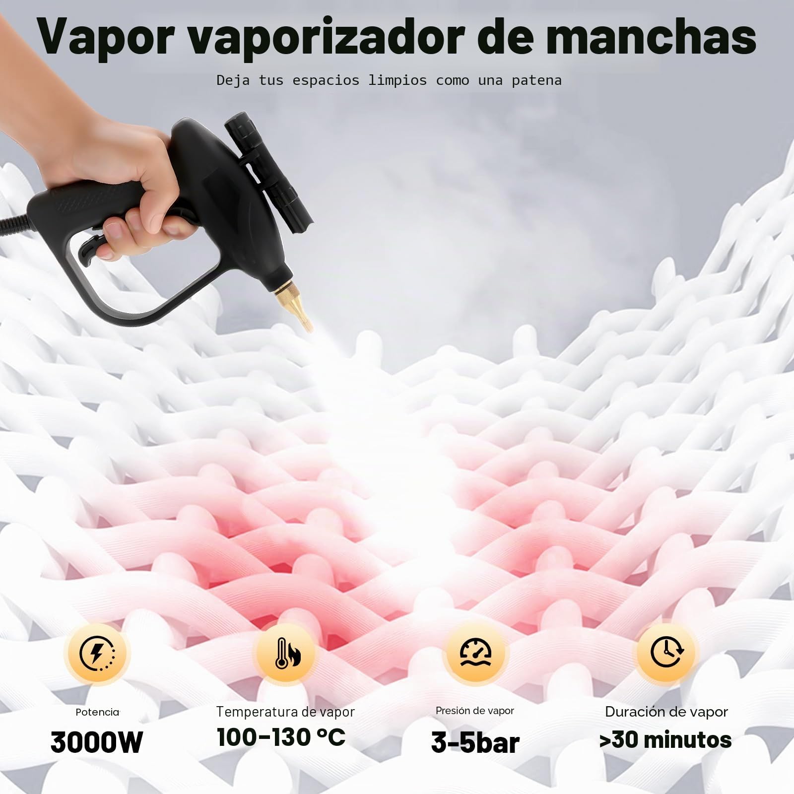 Limpiador de vapor portátil, 3000 W, alta temperatura, para el hogar, coche, vapor, 100 – 130 °C, máquina de limpieza a vapor de alta presión, 3 – 5 bar, 43 x 23,6 x 16,5 cm