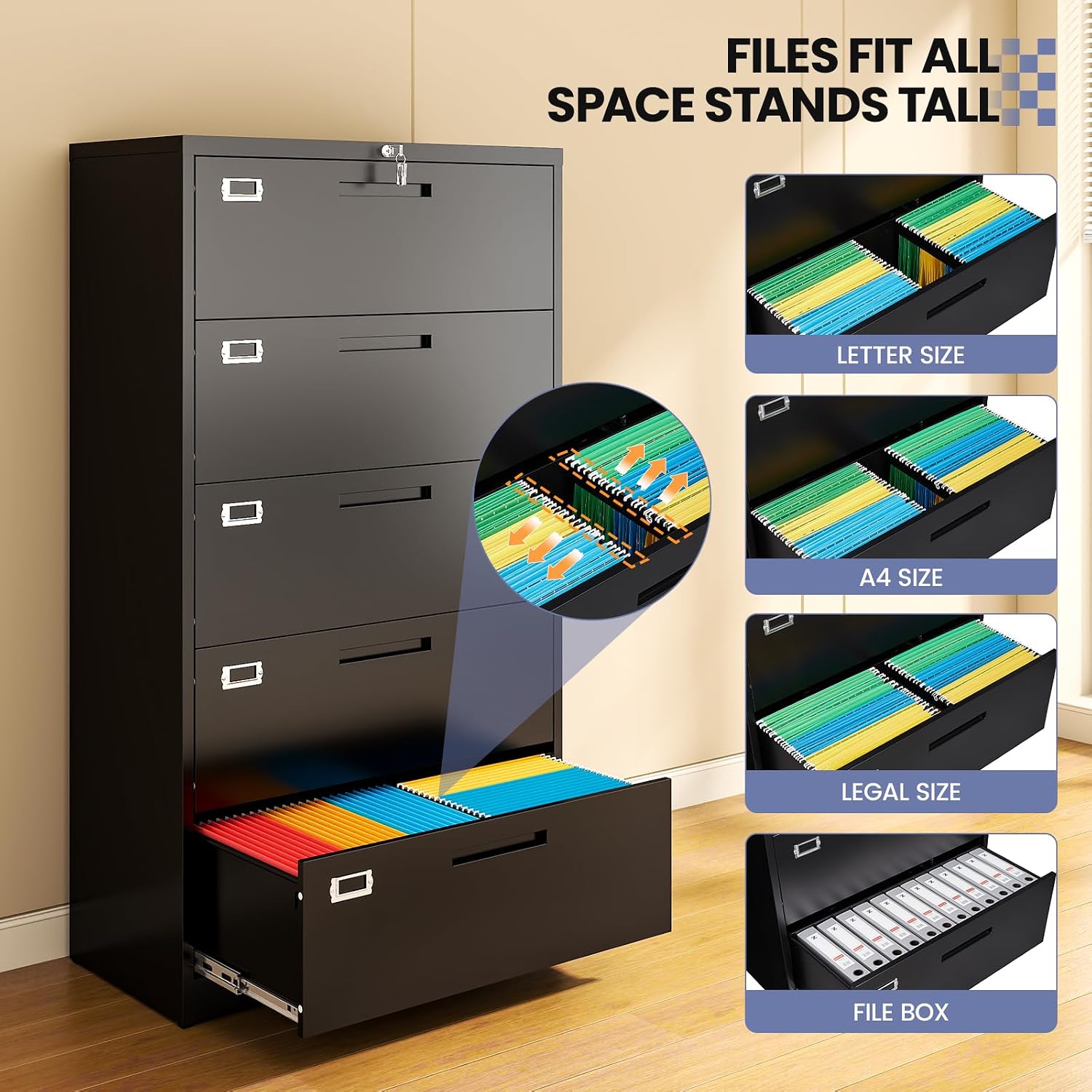 5 Drawer File Cabinet, Black Metal Lateral File Cabinet with Lock, Office Filing Cabinet for Legal/Letter/A4/F4 Size with Hanging Files, Lockable File Cabinets for Home Office
