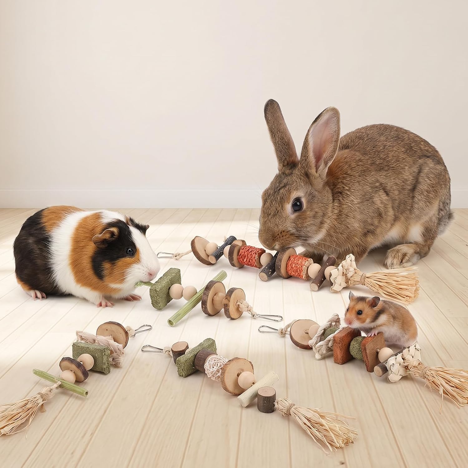 6 Pcs Rabbit Chew Toys Hamster Bunny Cage Natural Hanging Toy and Treats Rattan Ring with Snacks for Improve Small Animal Teeth Health for Guinea Pig Chinchilla Ferret Rats Gerbil