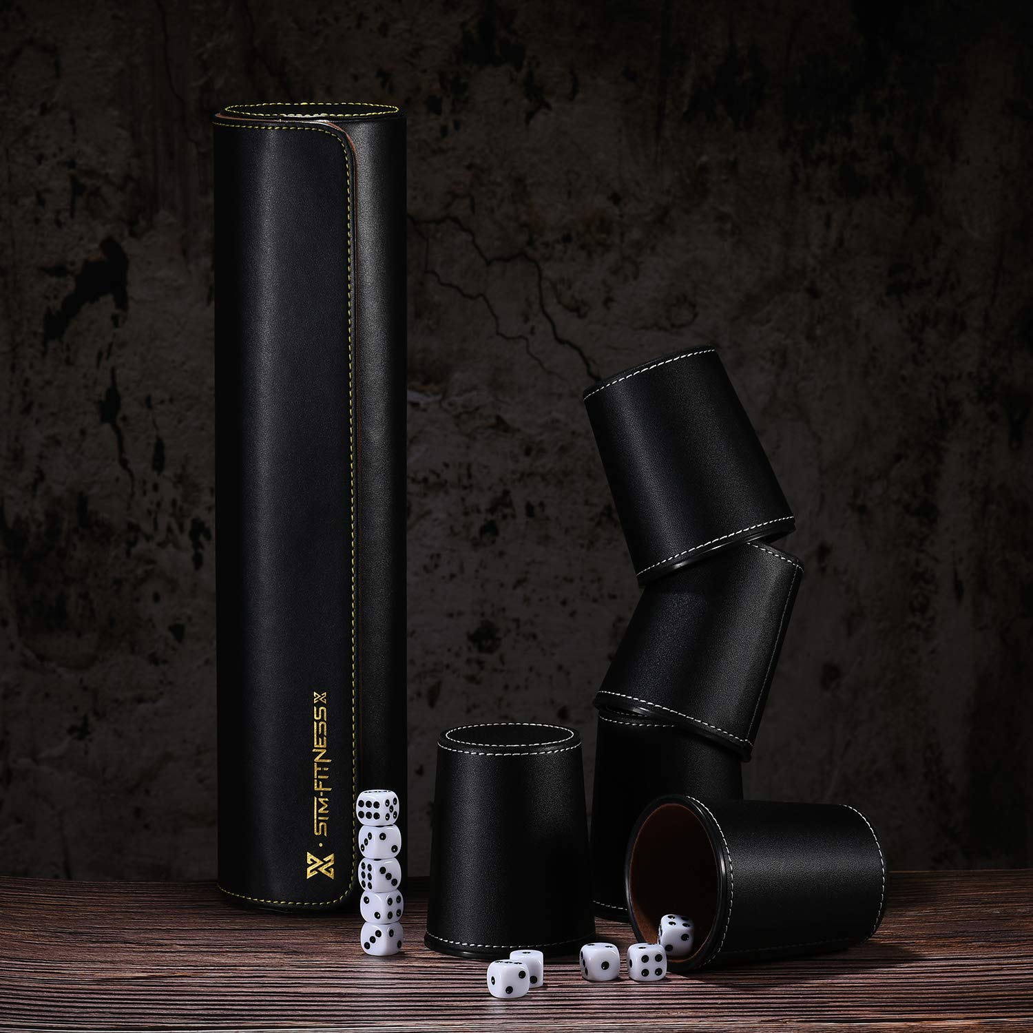 Leather Dice Cup Set, 5 Black Leather Dice Cups + 25 Dice + Exclusive Storage and Transport Case Made of Faux Leather with Magnetic Closure