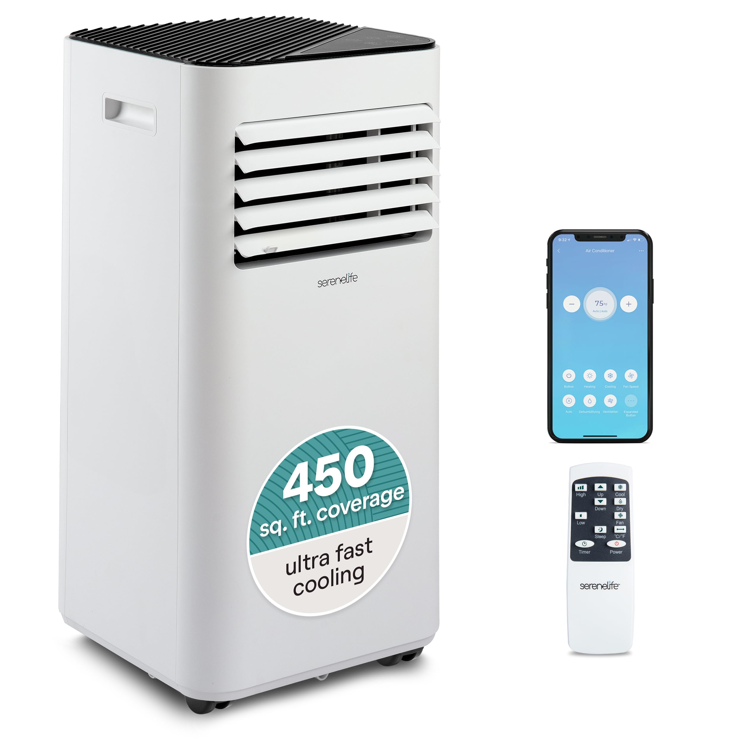 SereneLife Portable Room Air Conditioner – 10,000 BTU Compact Home A/C Unit with Dehumidifier & Fan Modes, Metal Control Box, Rotary Compressor, LED Display, Easy Setup, Includes Window Mount Kit, White, 10,000 BTU + WiFi