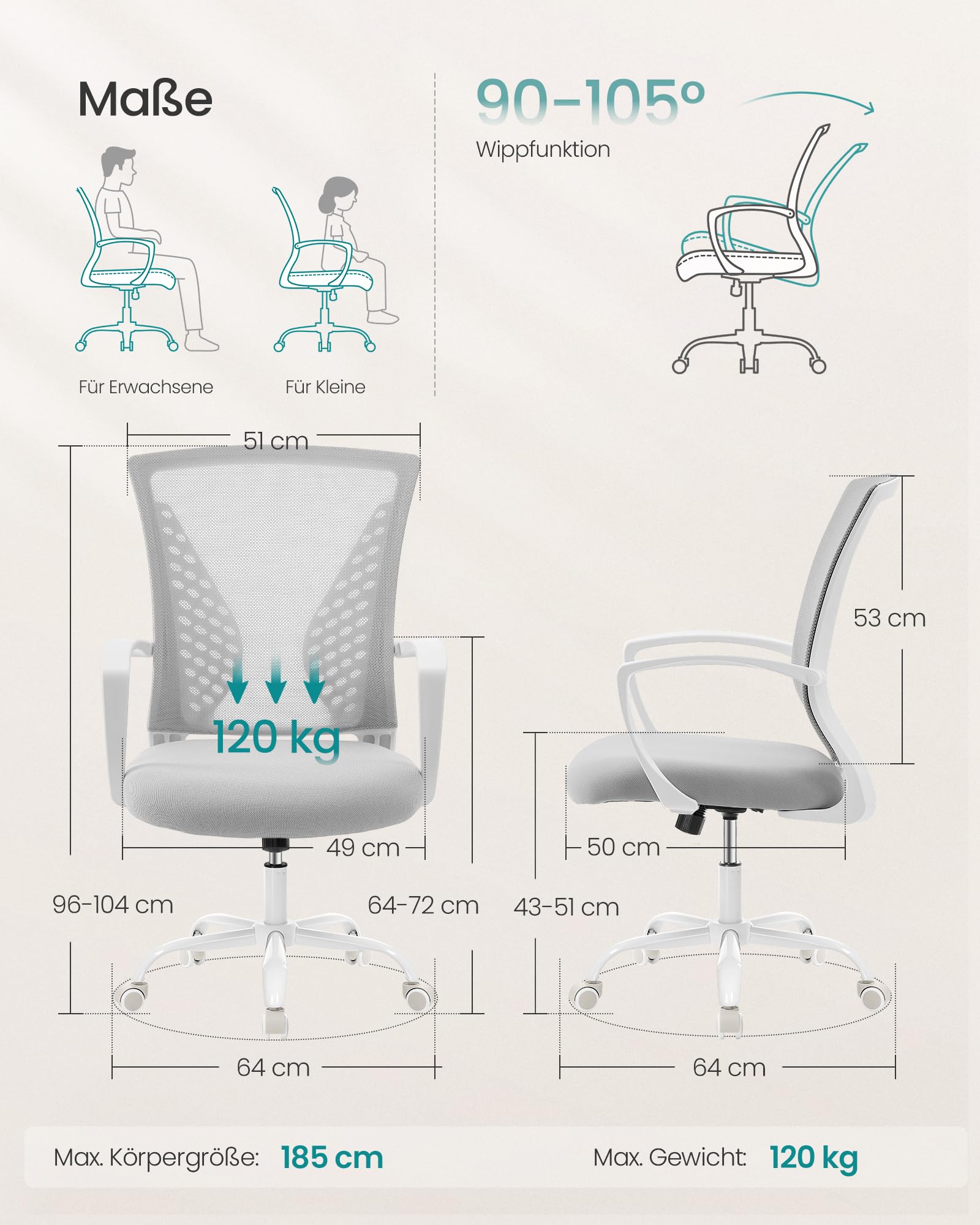 SONGMICS Bürostuhl, Schreibtischstuhl mit Netzbespannung, höhenverstellbarer Computerstuhl, Drehstuhl, Wippfunktion, atmungsaktiv, Büro, Arbeitszimmer, bis 120 kg belastbar, Taubengrau OBN022GD01