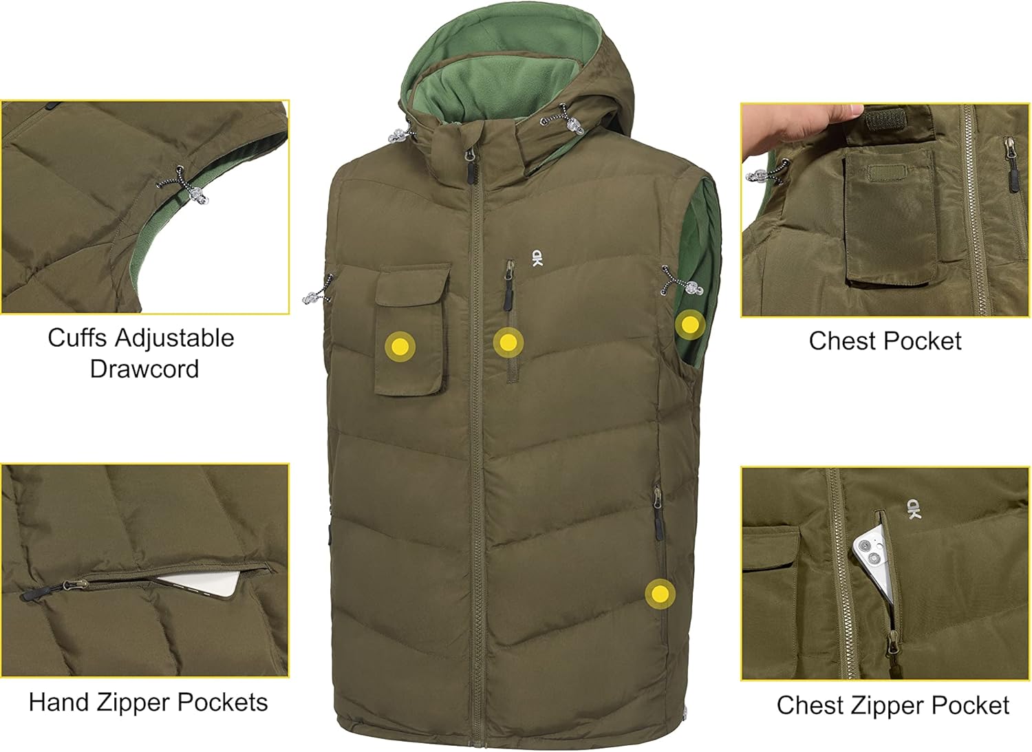 Little Donkey Andy Men's Reversible Fleece Puffy Vest Warm Sleeveless Puffer Jacket with Removable Hood for Golfing Hiking - Image 5