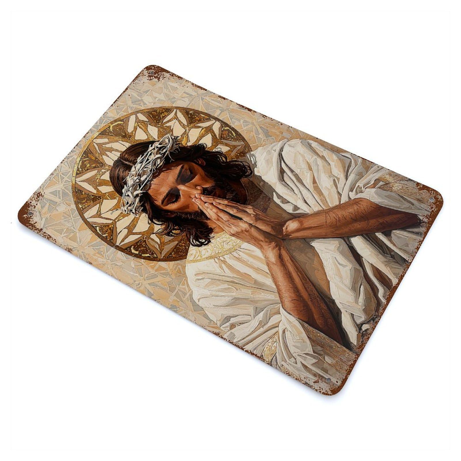 Decorative Tin Sign with Jesus in Prayer Design 11.8"x7.9", for Garage, Bar And Workshop Decor, Farmhouse Wall Decor